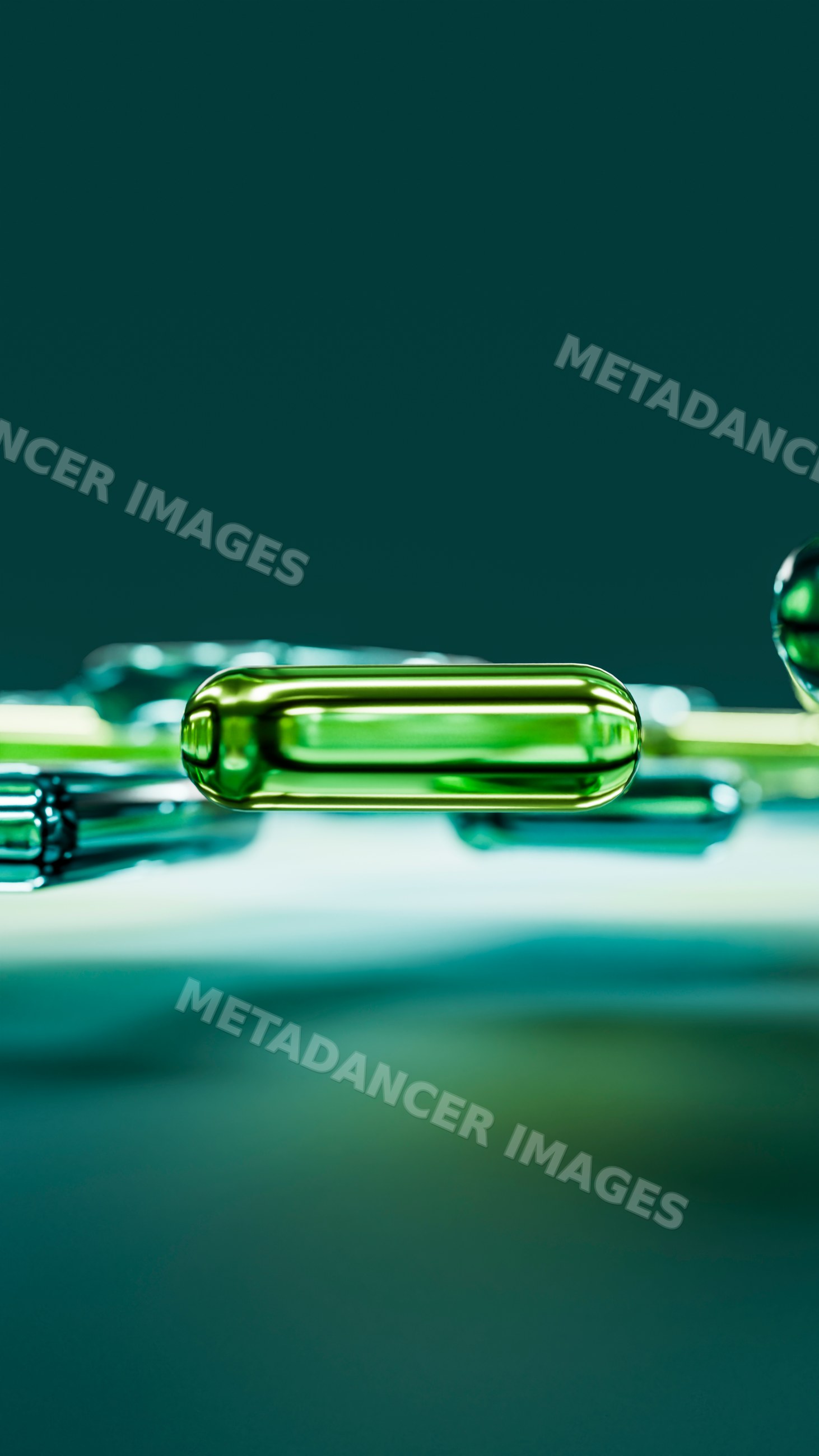 Close-up of green softgel capsule with reflective surface