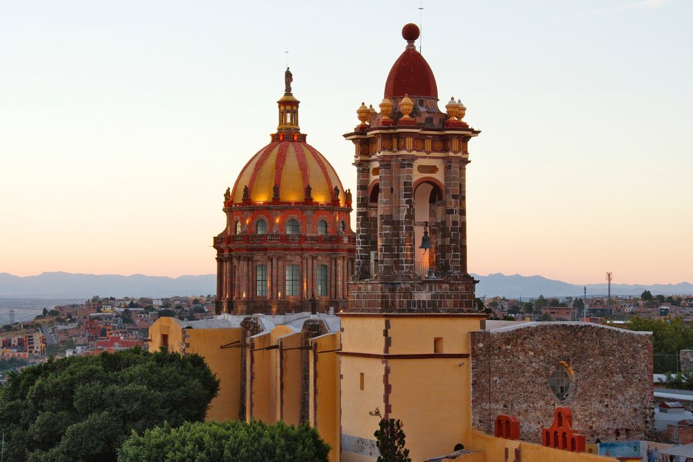 Las monjas monastery dome and bell tower at dusk mexico