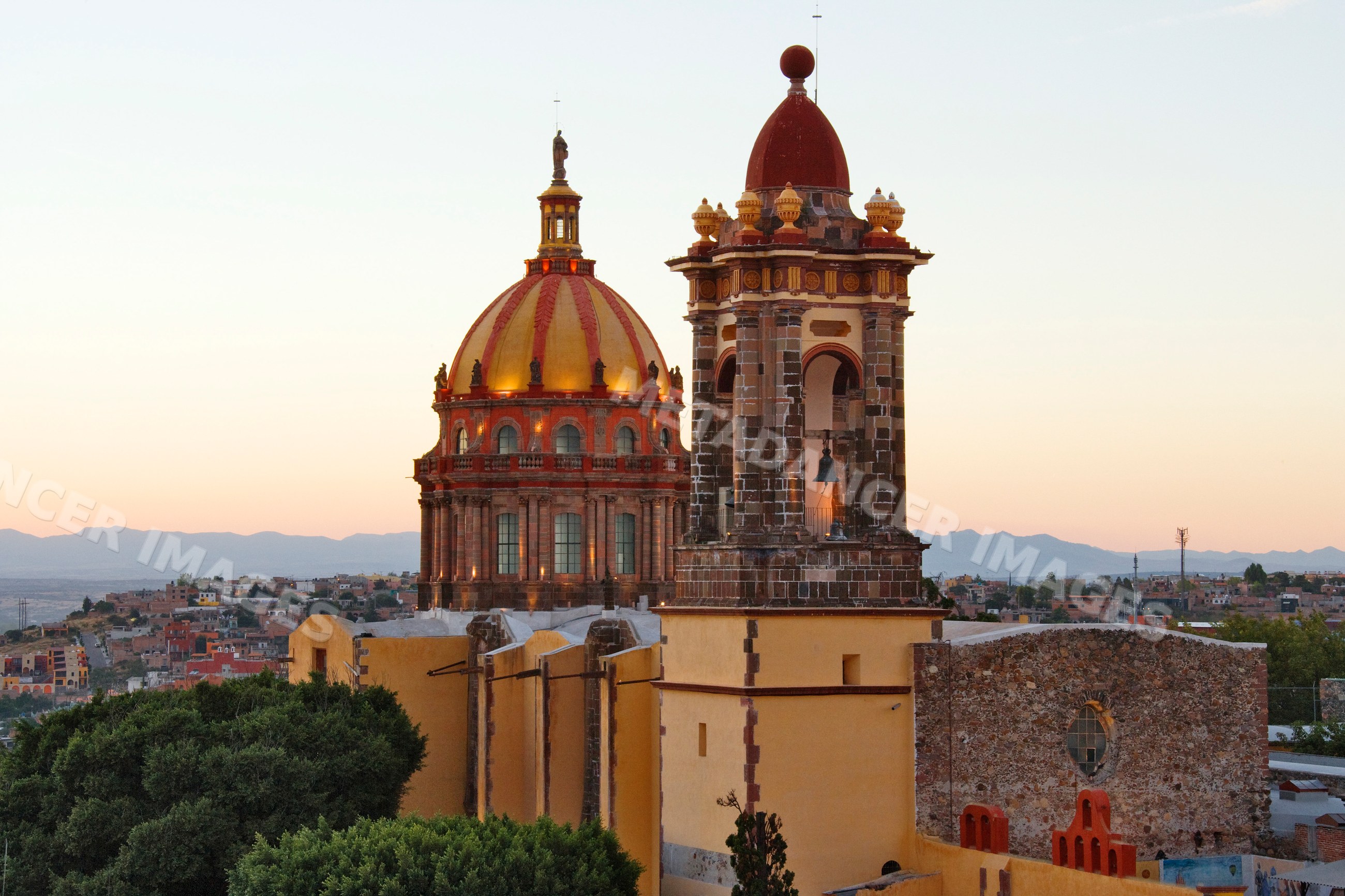 Las monjas monastery dome and bell tower at dusk mexico
