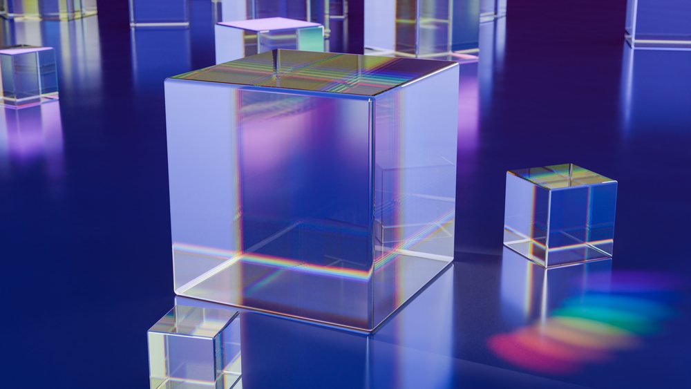 Transparent glass cubes with rainbow light refractions