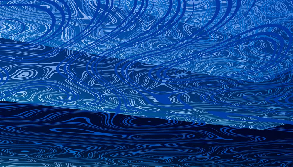 Abstract blue digital artwork with wavy lines and circular ripple