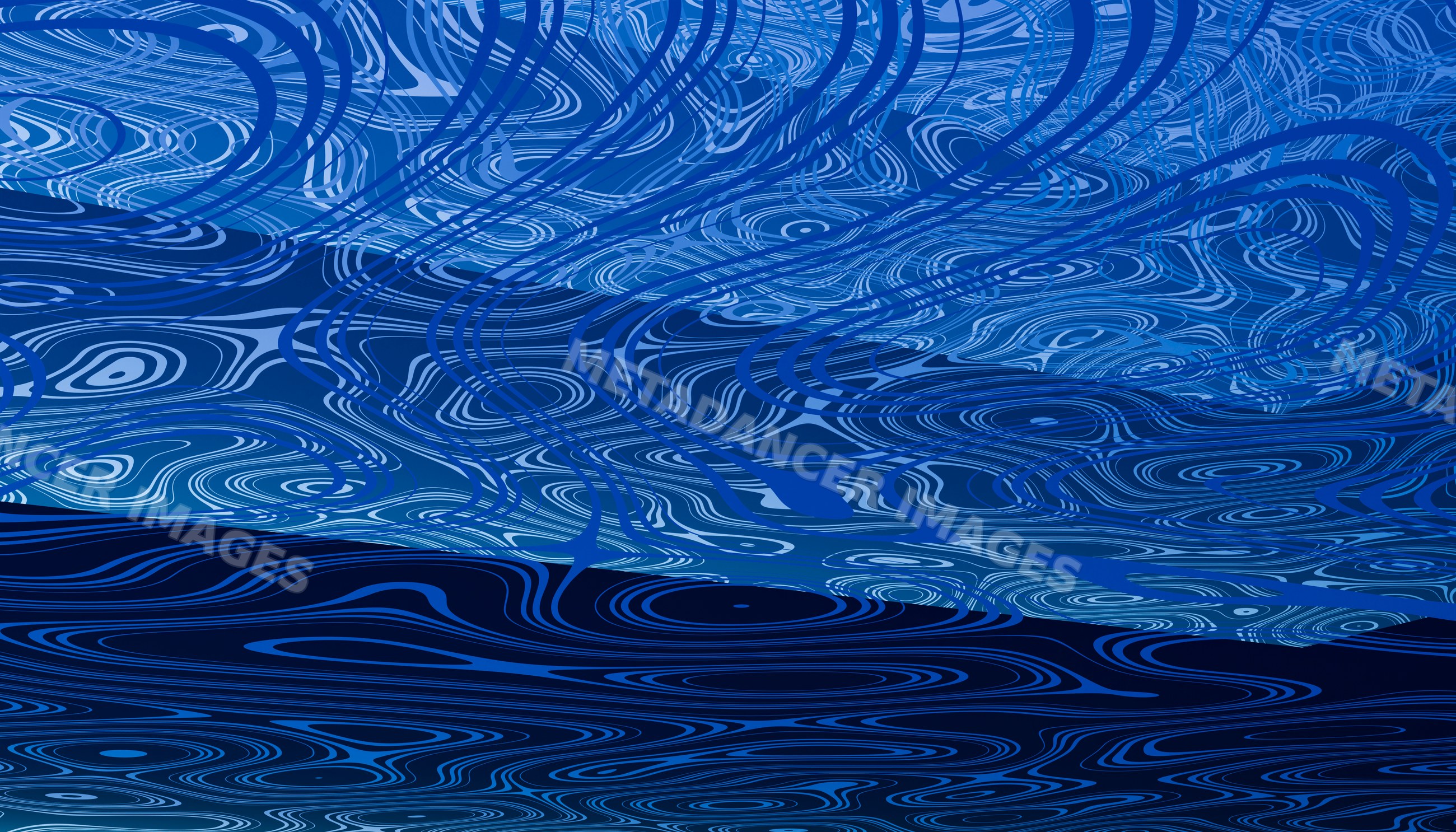 Abstract blue digital artwork with wavy lines and circular ripple