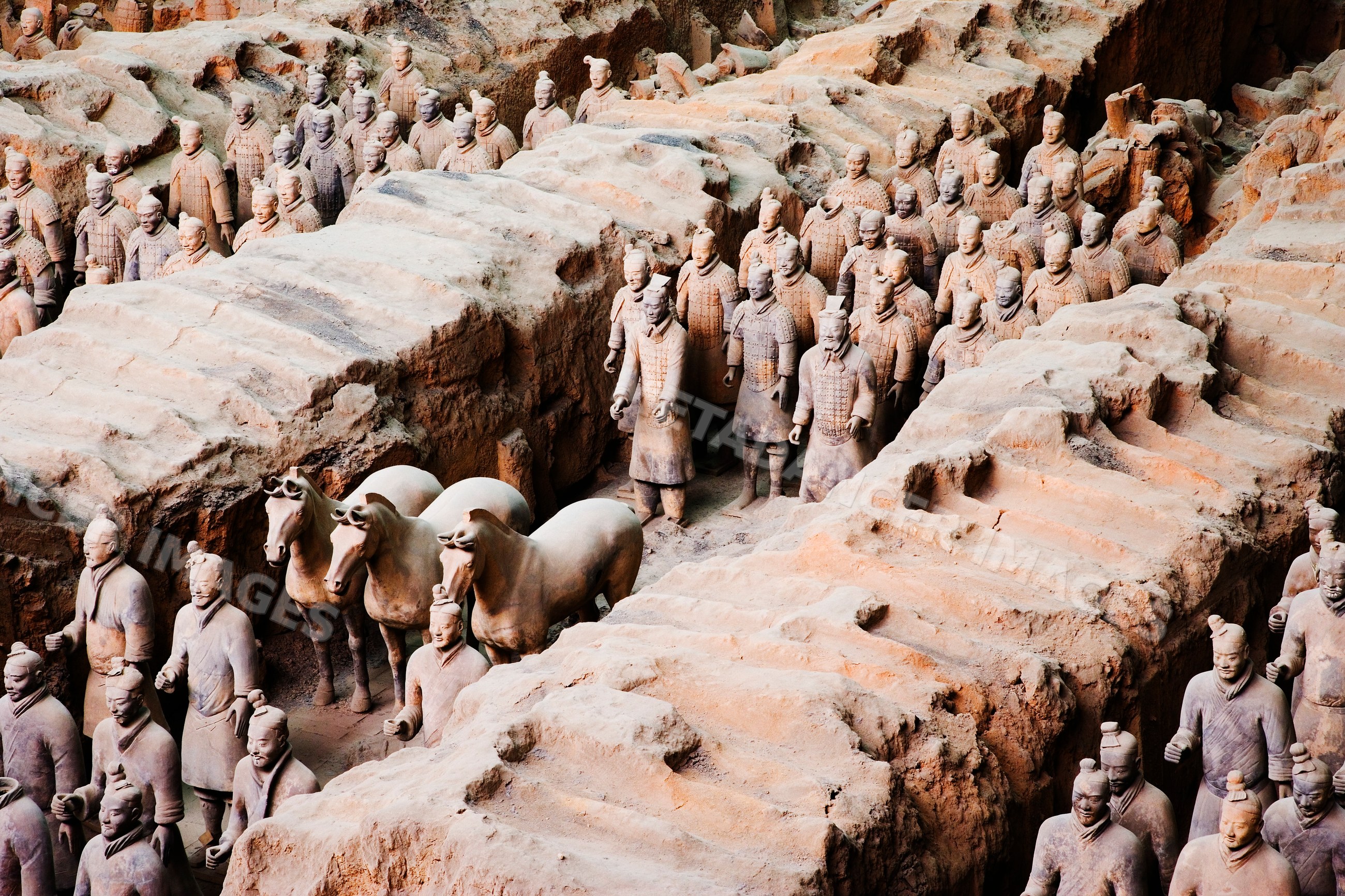 Terracotta warriors and horses at archaeological site china