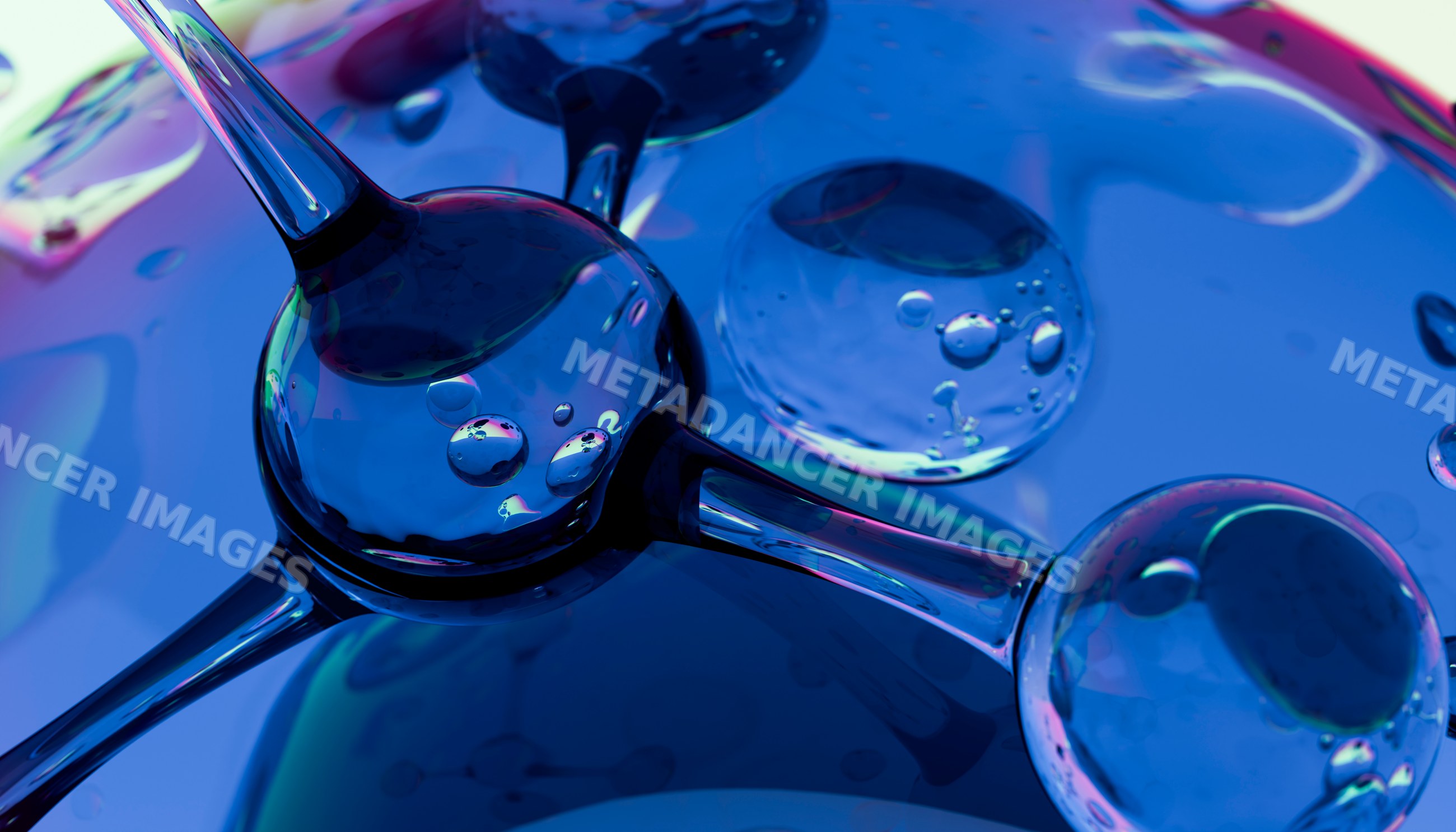 Close-up illustration of transparent molecule spheres