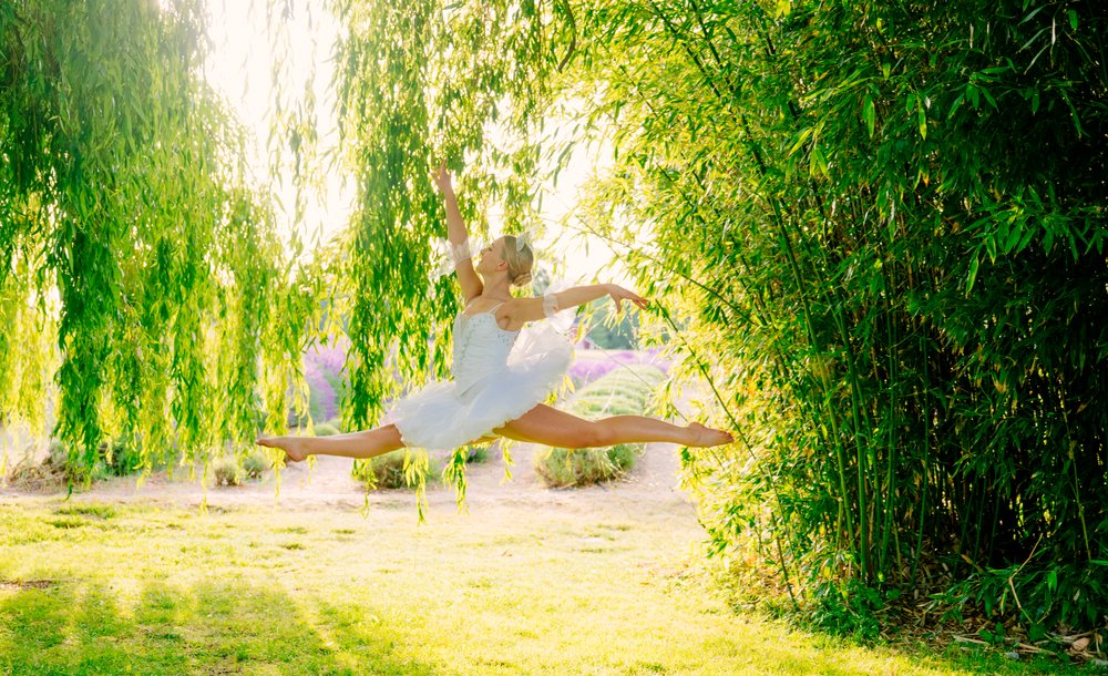 Ballet white dancer leaps in a sunlit park under willow trees