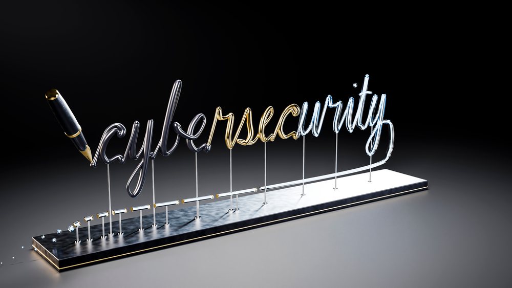 Sculptural wire art spelling cybersecurity with pen tip on metal base