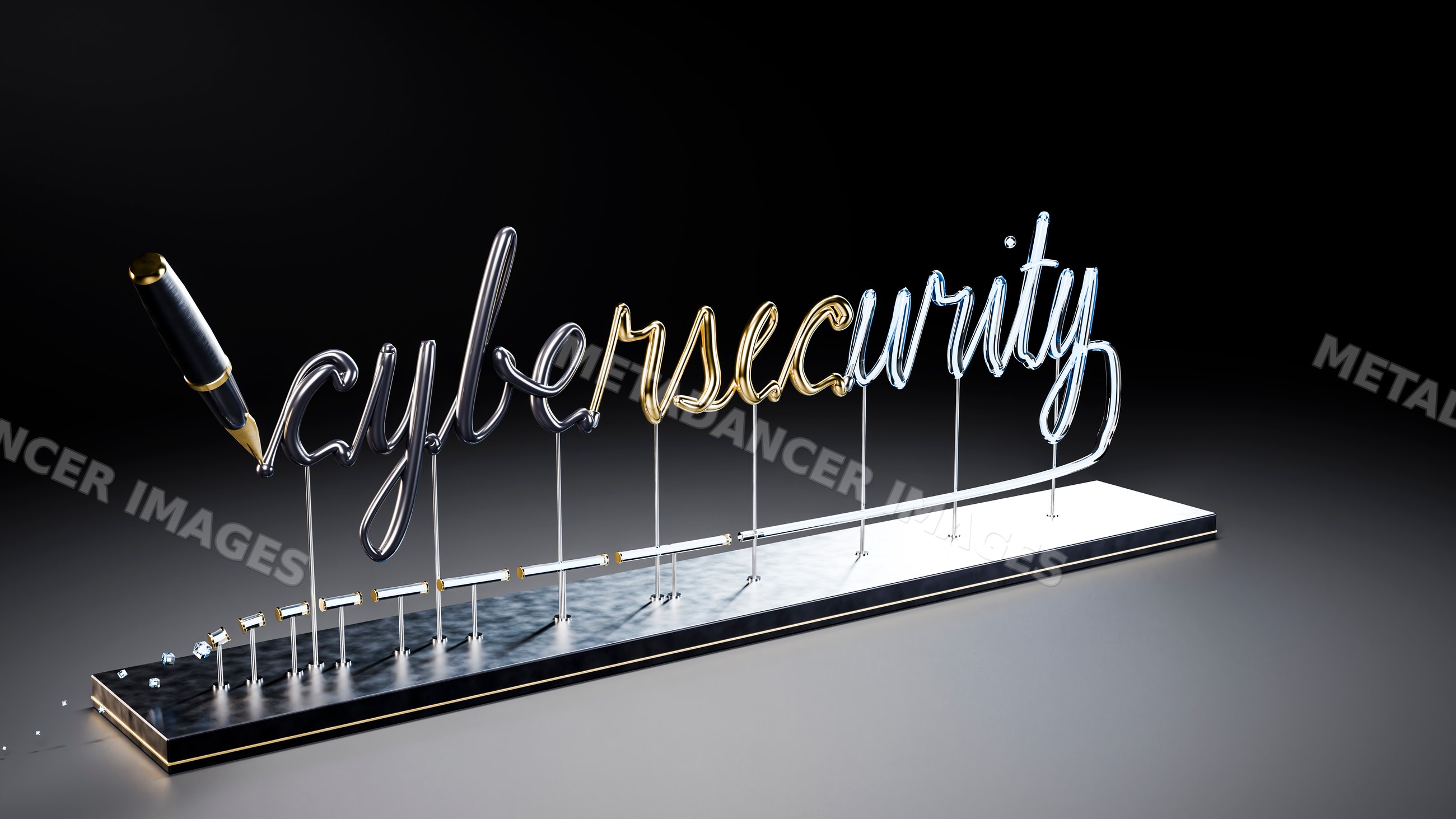 Sculptural wire art spelling cybersecurity with pen tip on metal base
