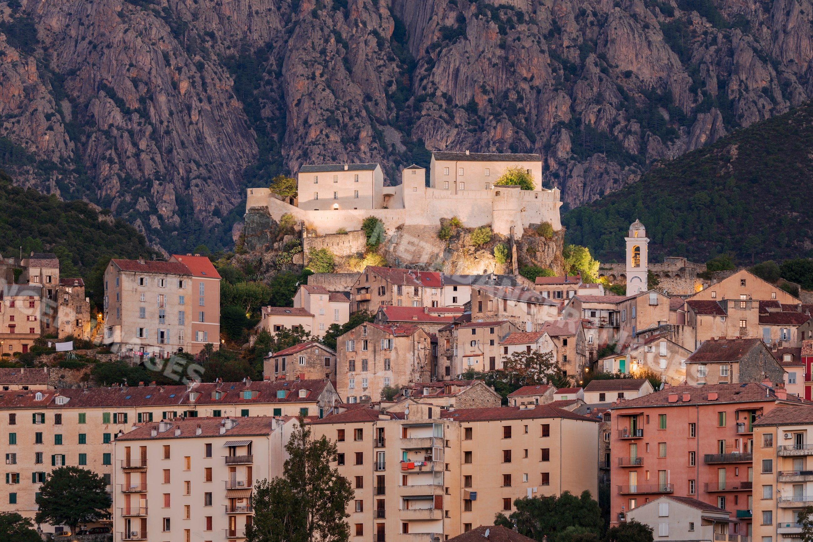 The citadel of Corte overlooking historic town at Dawn in corsica