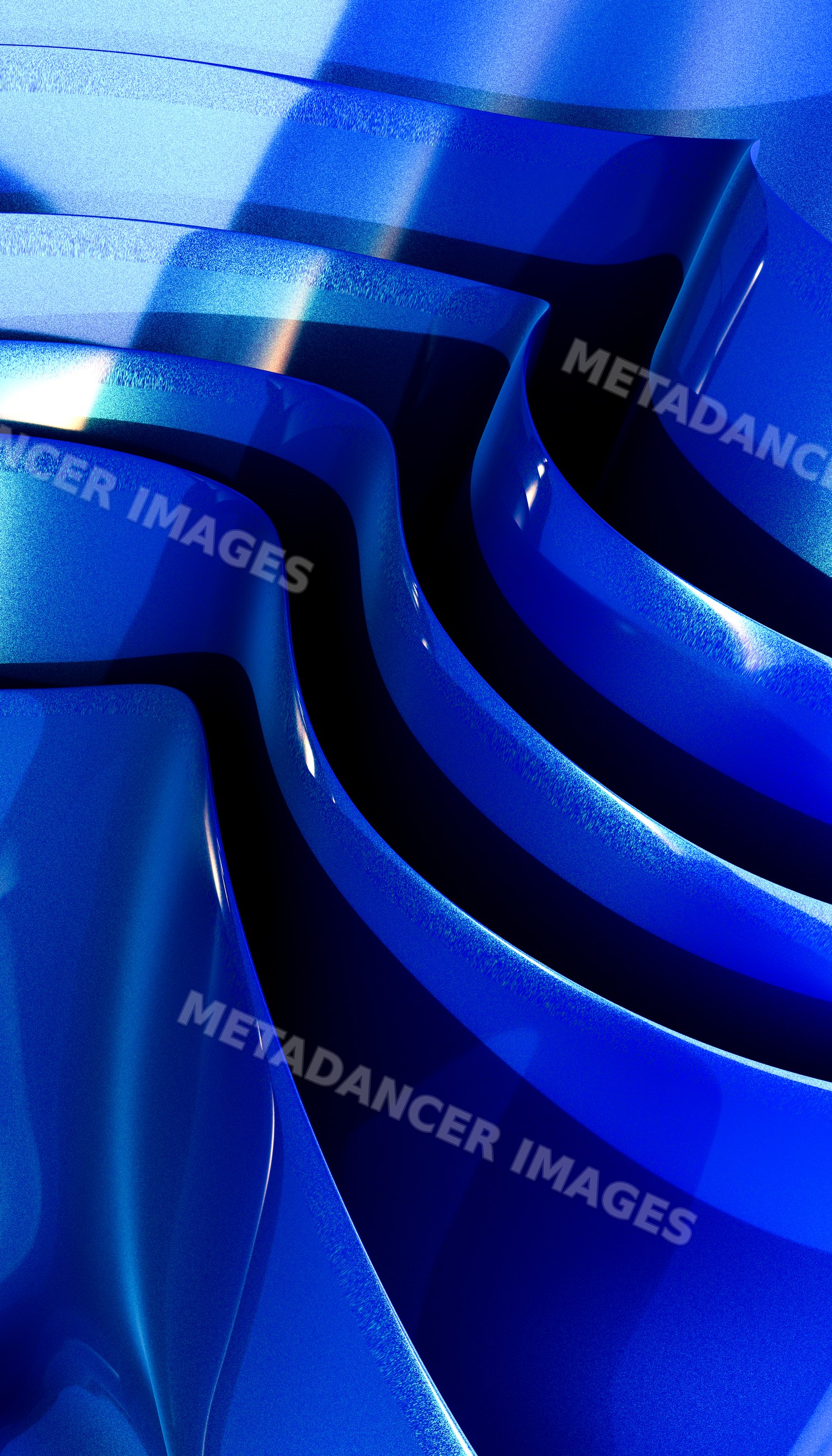 Blue glossy curved abstract shapes with shiny reflective surfaces