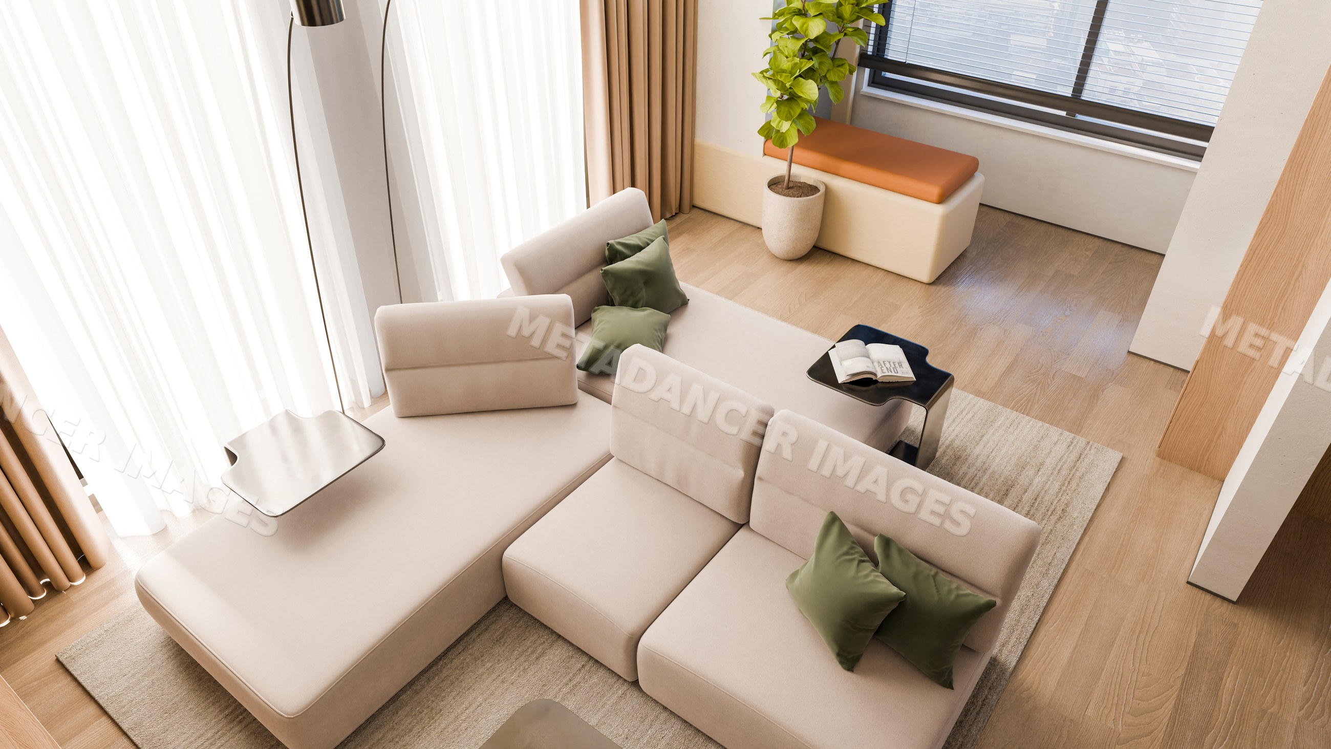 Beige sectional sofa with green pillows in sunlit living room