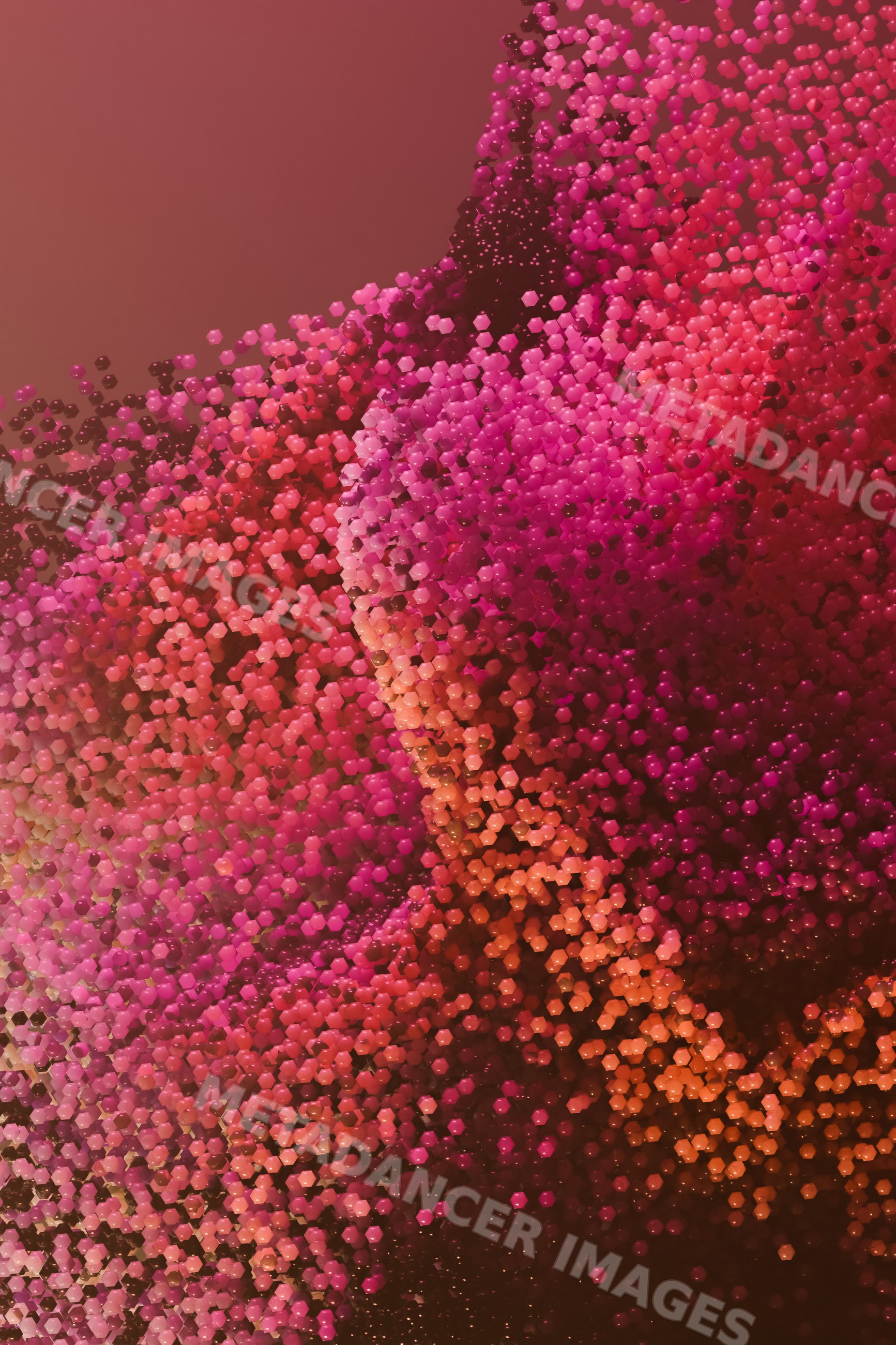 Abstract render of a fragmented digital face with red and pink