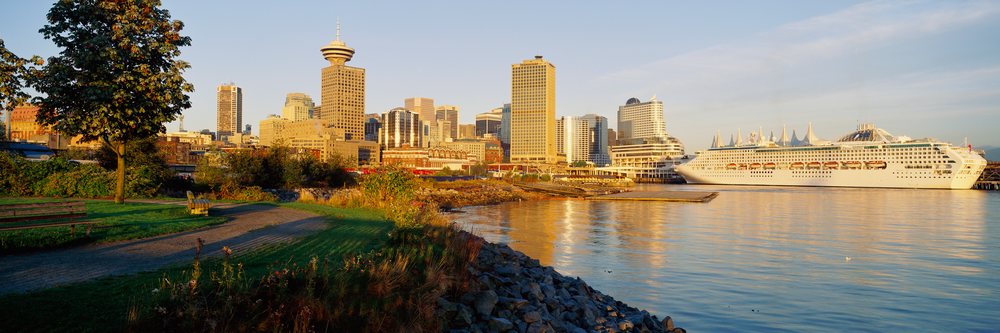 Cruise ship docked waterfront with skyline view