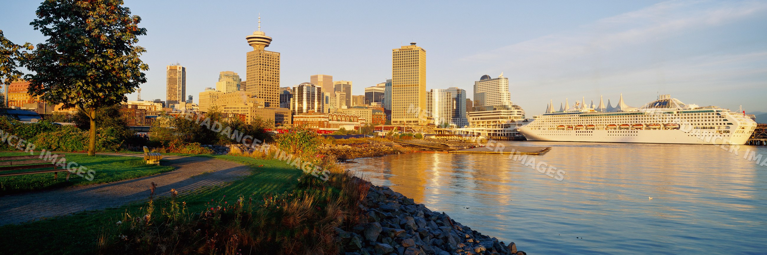 Cruise ship docked waterfront with skyline view