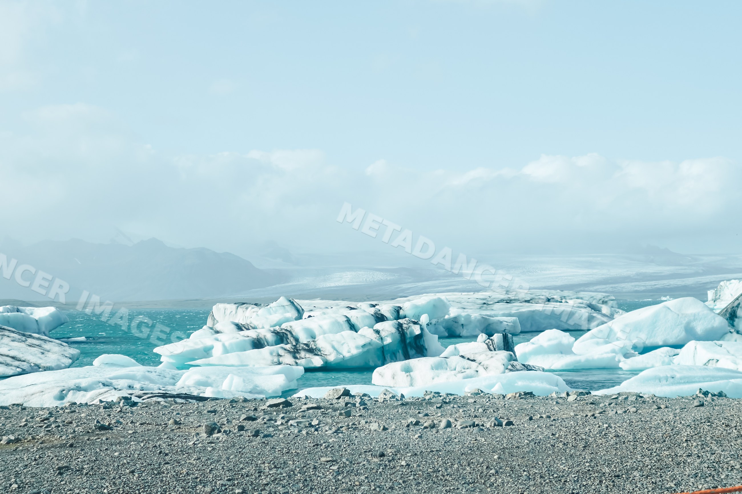 Floating icebergs and glacier fragments create a cold scenic shoreline