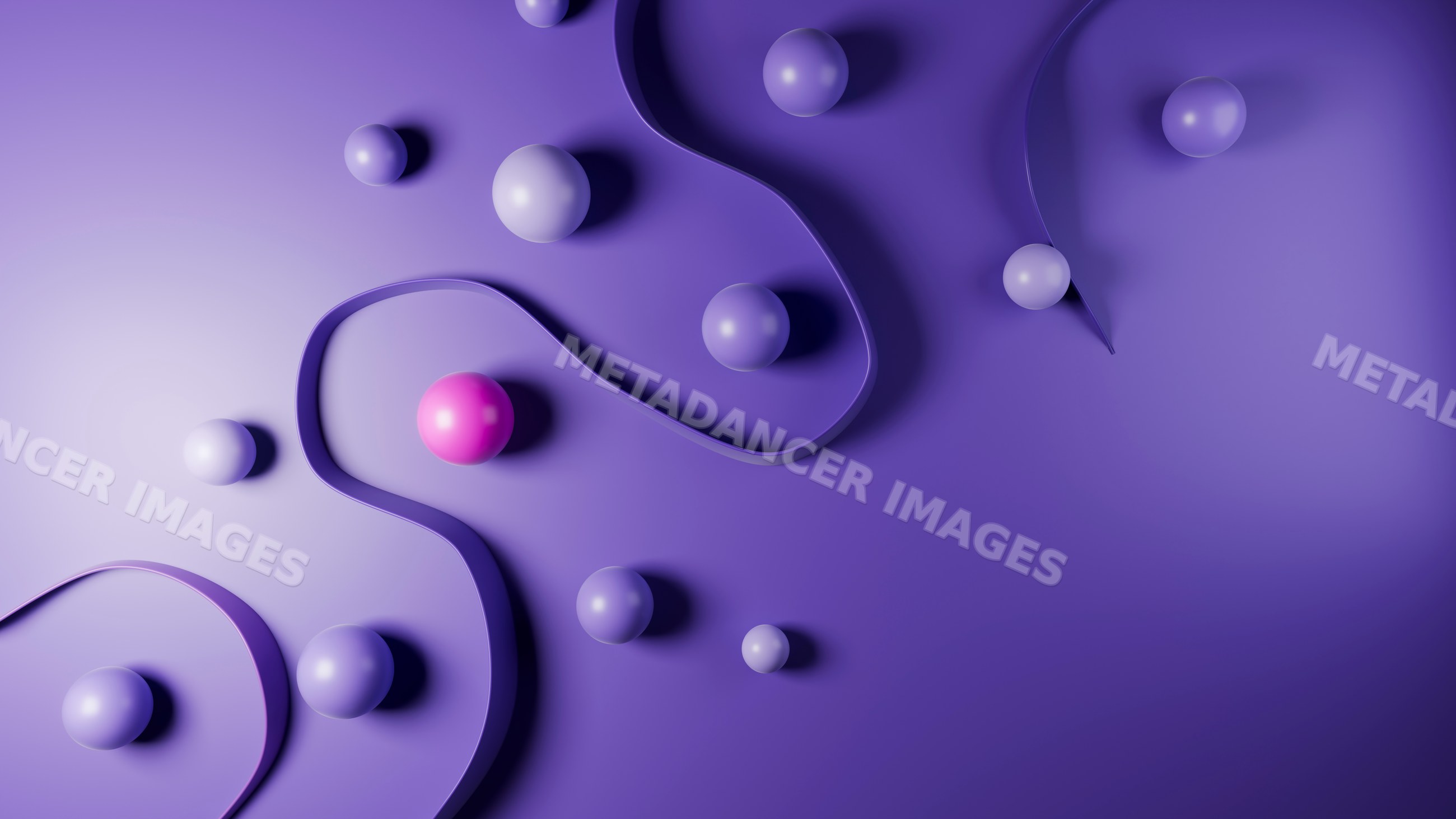Abstract purple and pink spheres with curved ribbon