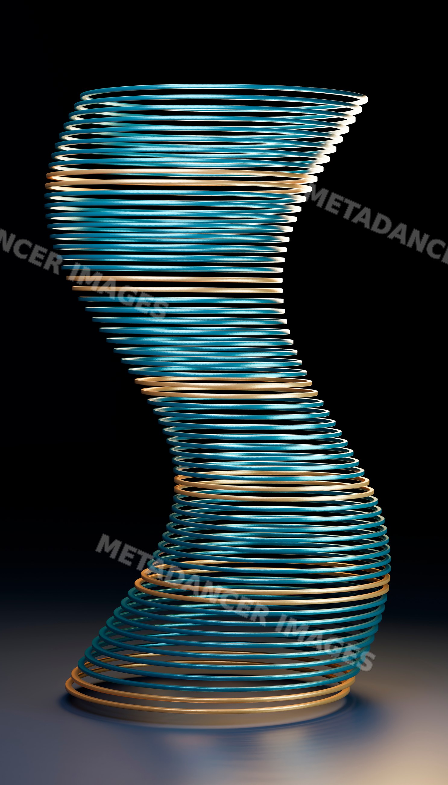 Abstract twisted spiral sculpture of metallic blue and gold rings