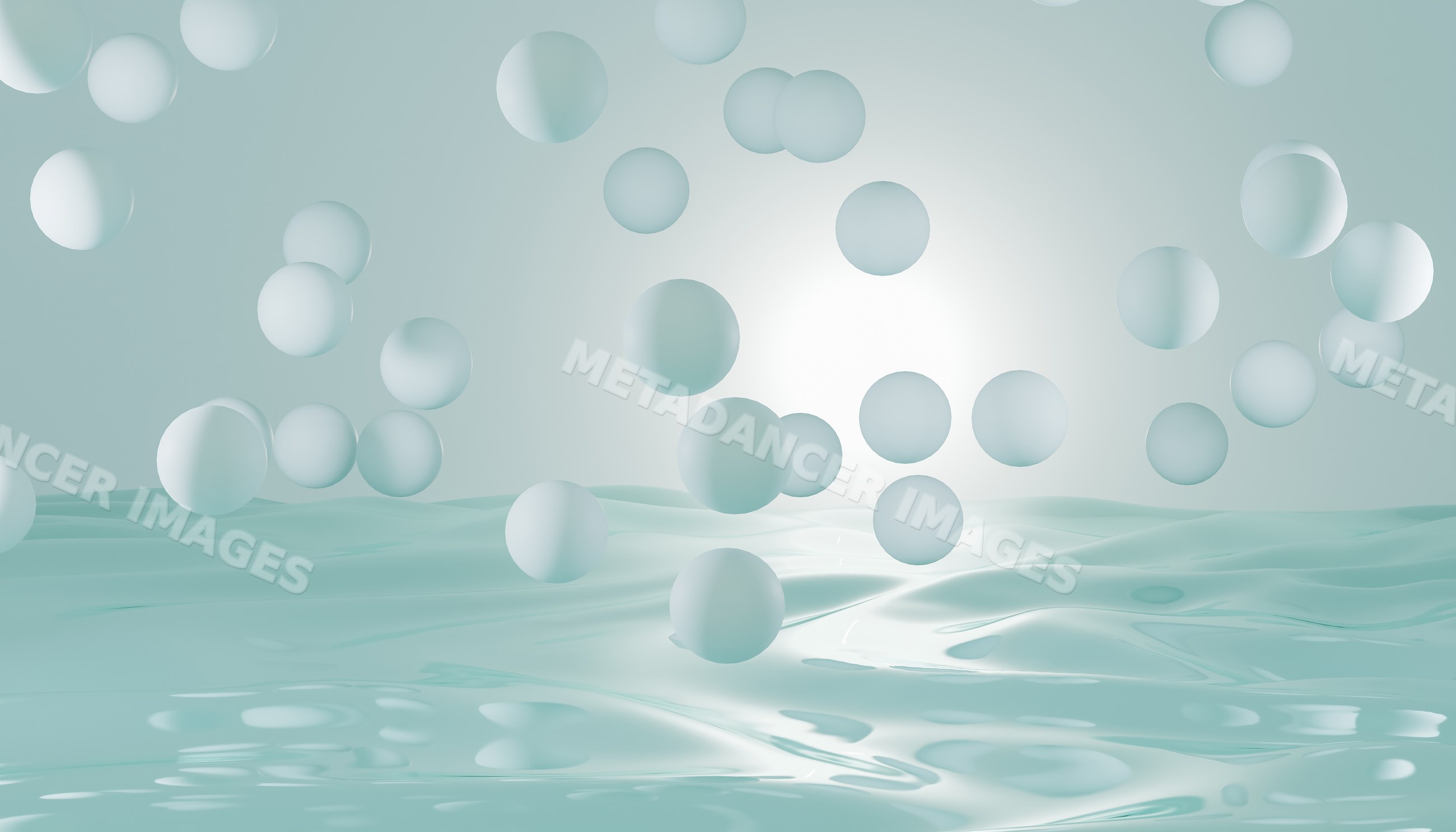 Abstract 3d render of floating spheres above reflective liquid surface
