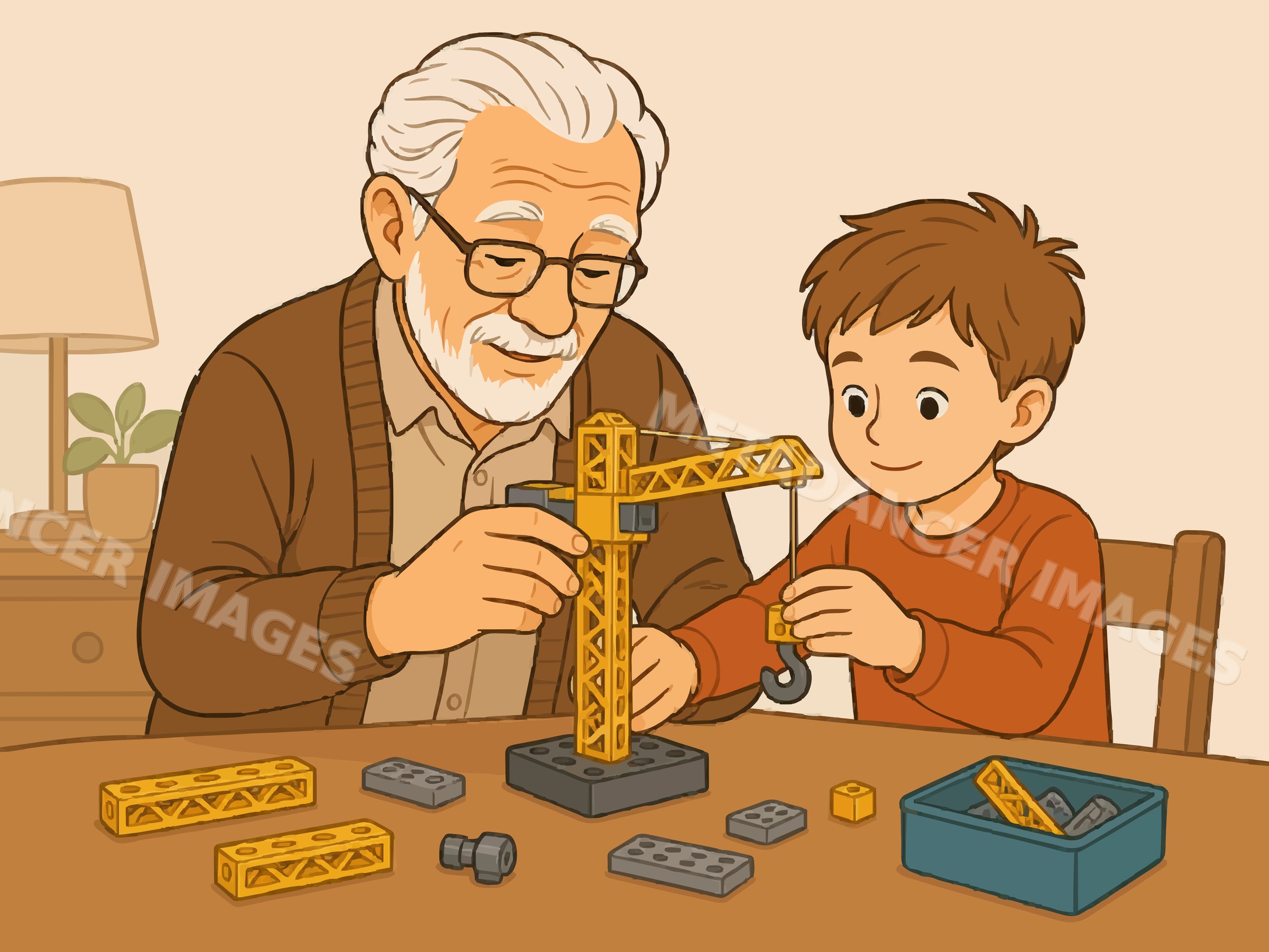 Grandfather and grandson playing with building toy crane indoors