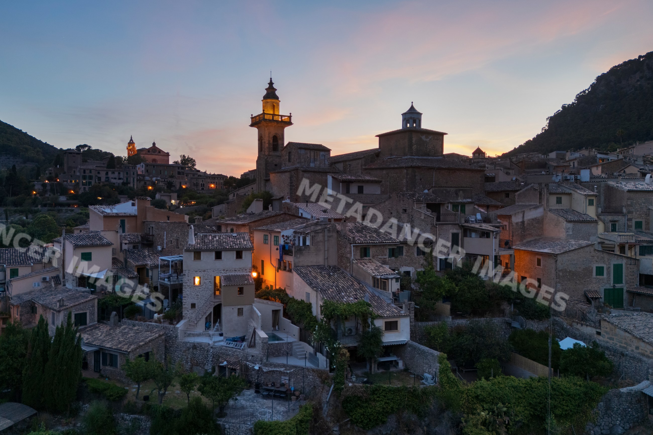 Skyline of Valdemossa village at Dusk in Mallorca Spain