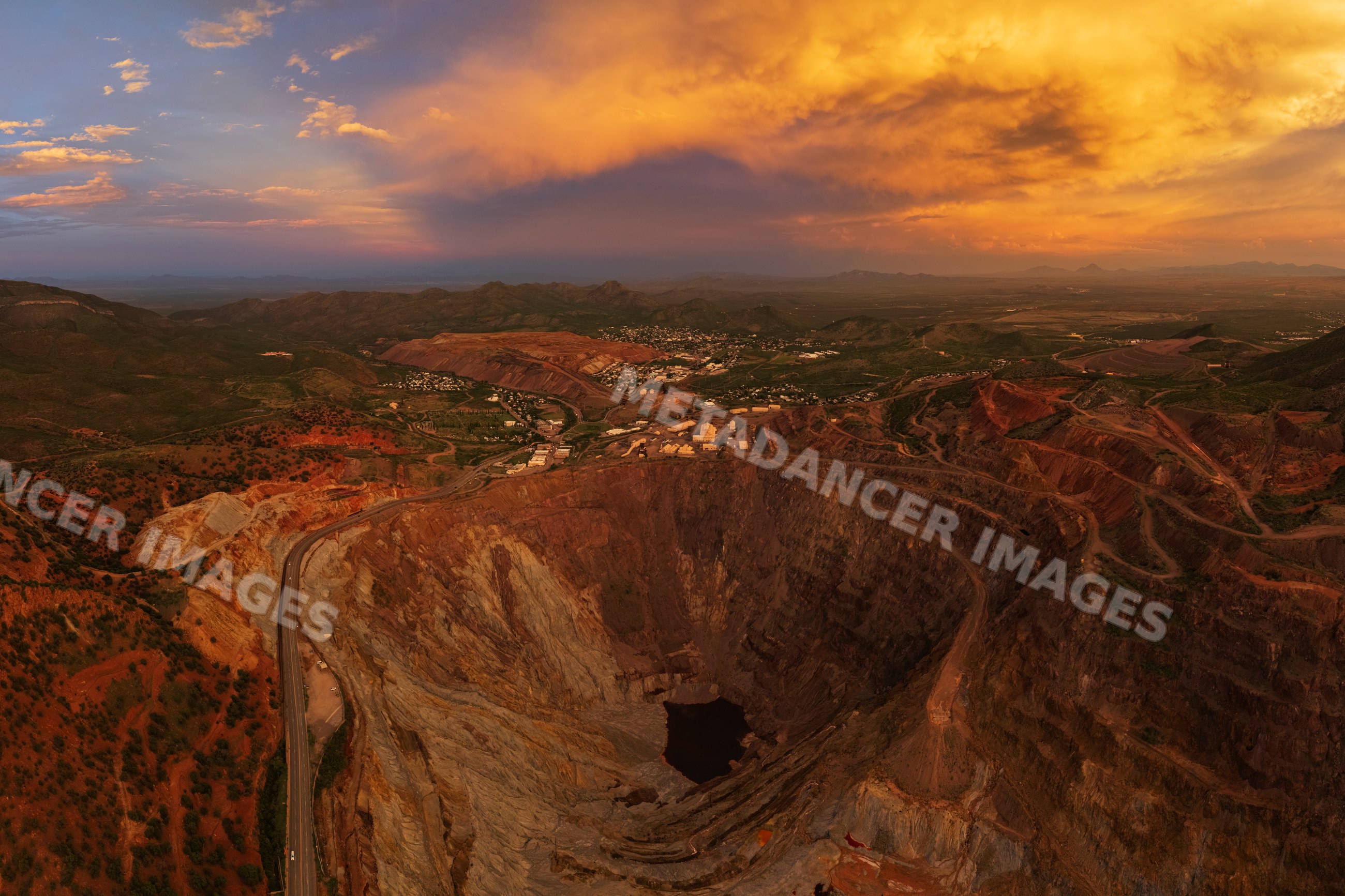 Bisbee copper mine open pit at dusk in arizona landscape