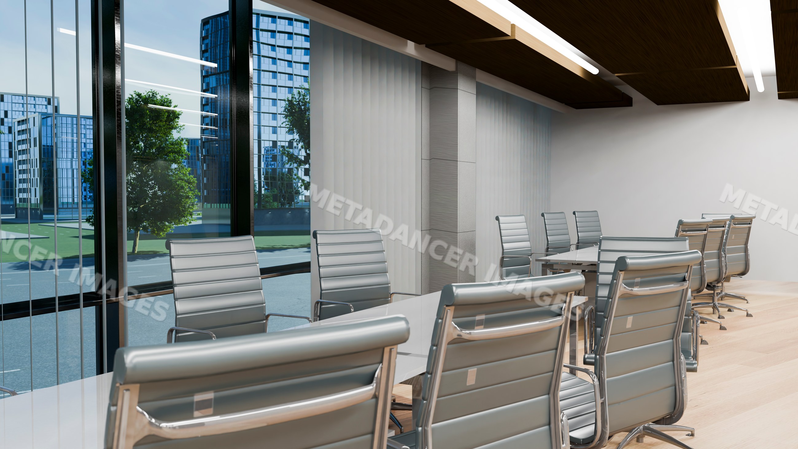 Conference room with modern office chairs and urban view through large