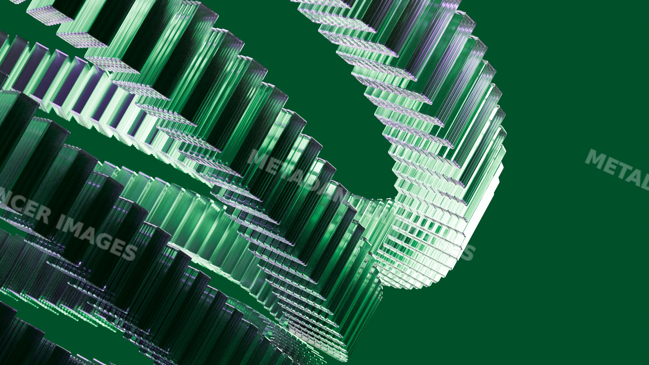 Abstract twisted green glass shapes with modern geometric pattern
