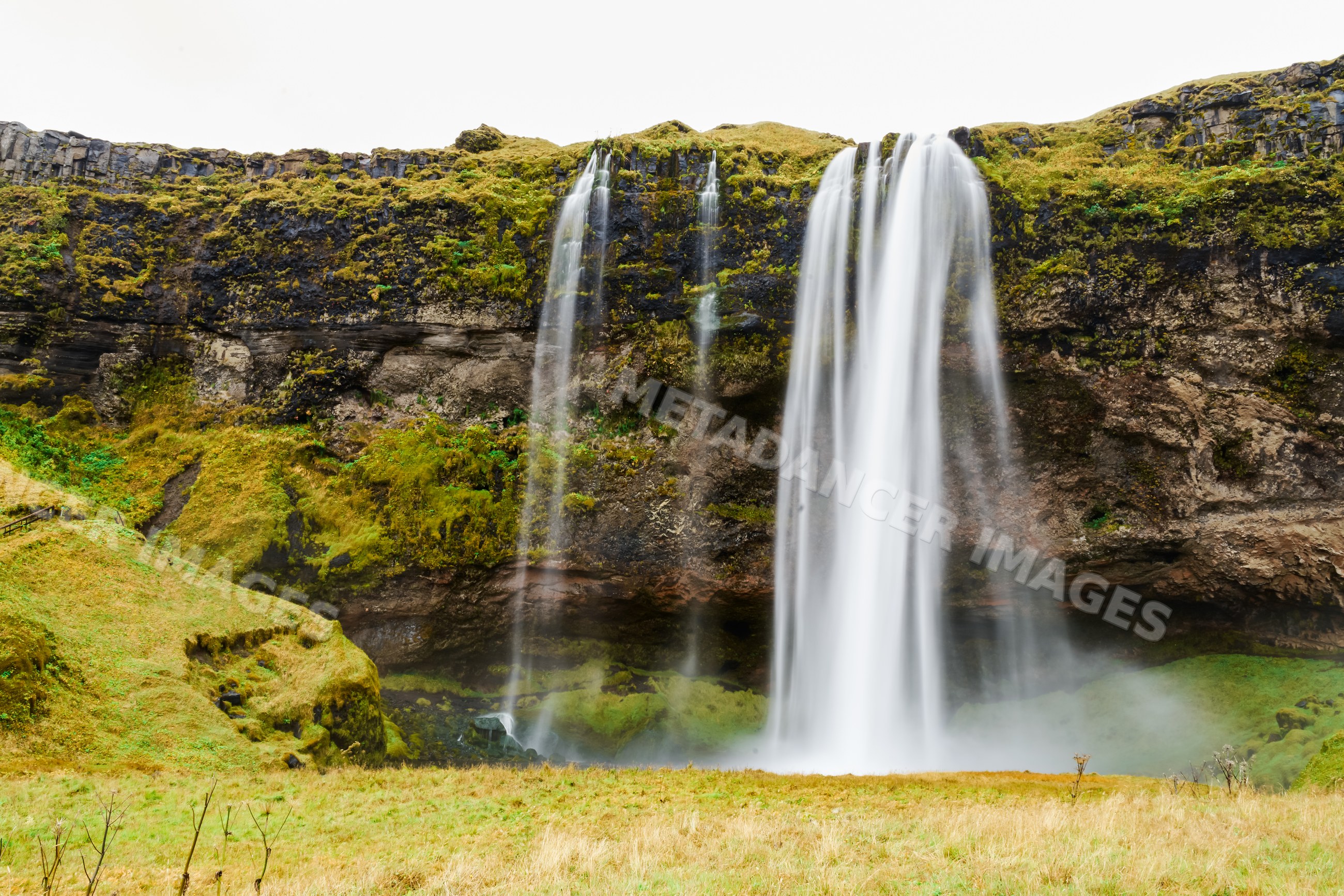 Waterfall flows from a mossy cliff
