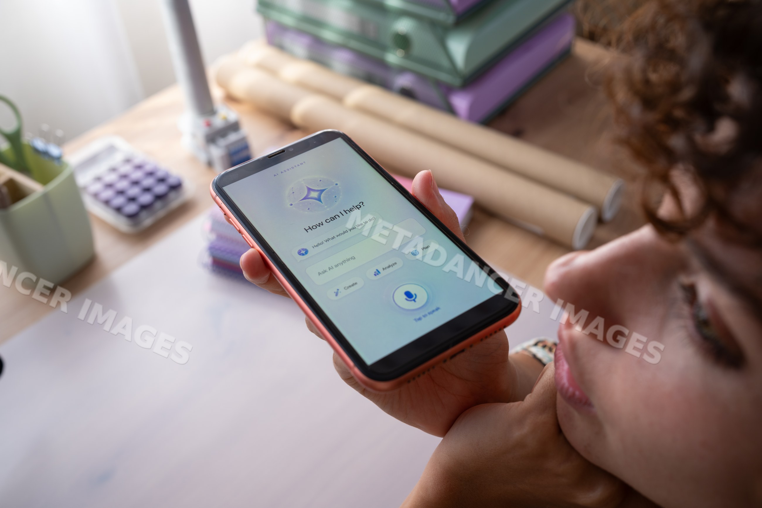White woman holding smartphone with ai assistant voice command app