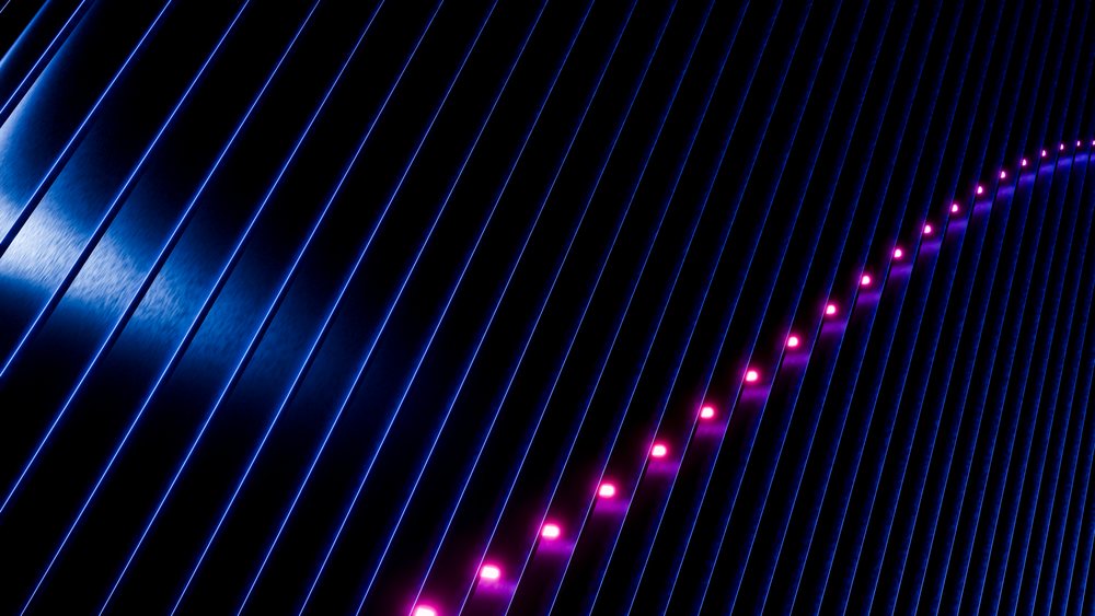 Abstract digital art of glowing blue lines with pink neon dots