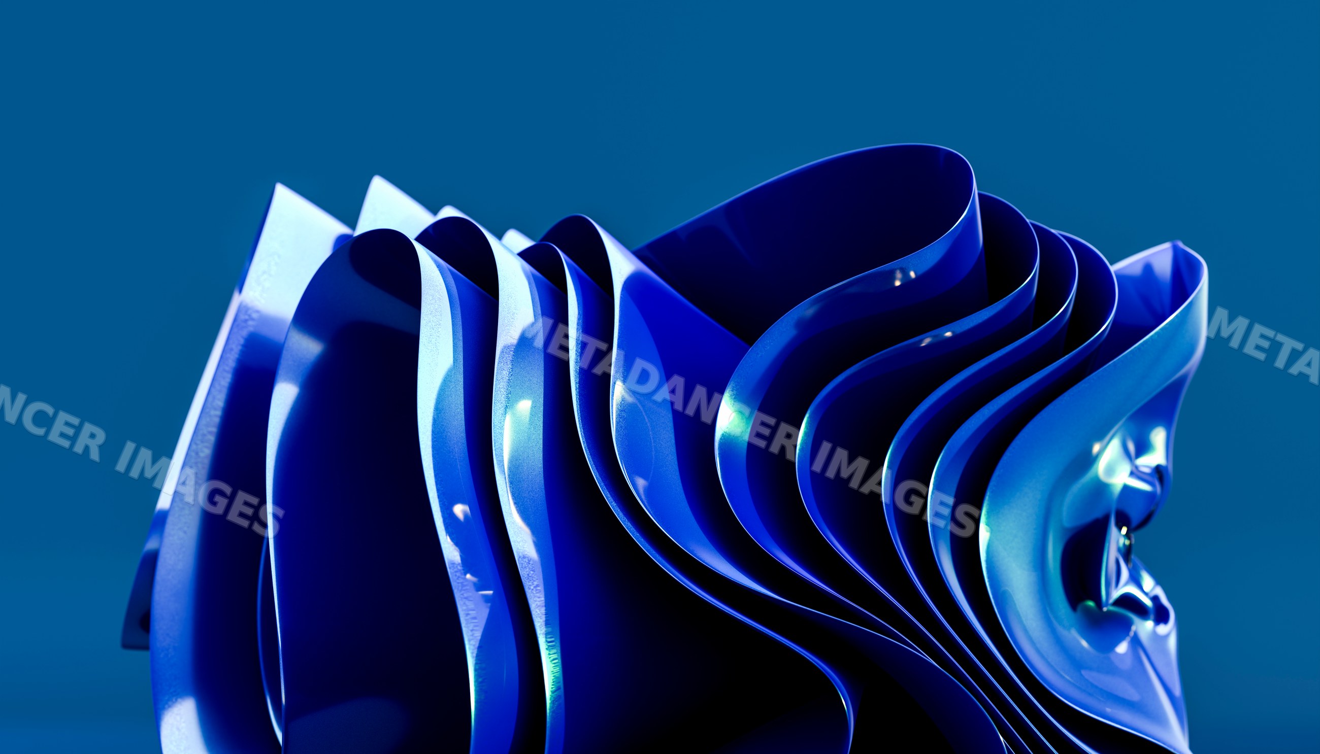 Blue abstract folded metal sculpture with smooth curved layers