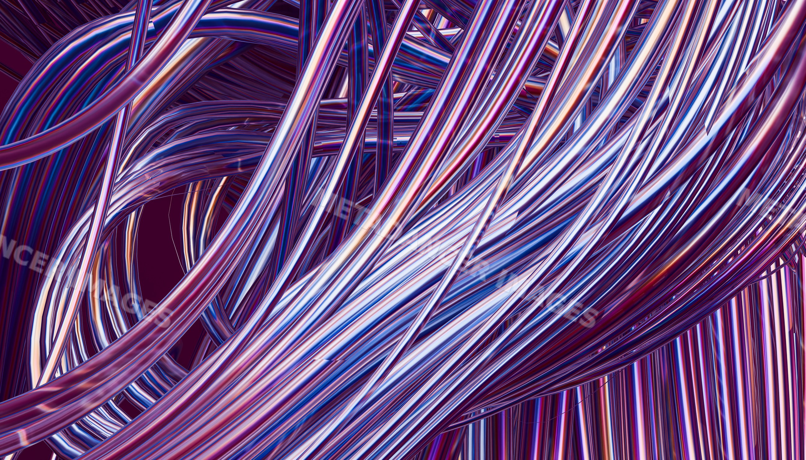 Tangled shiny metallic wires with blue and purple reflections