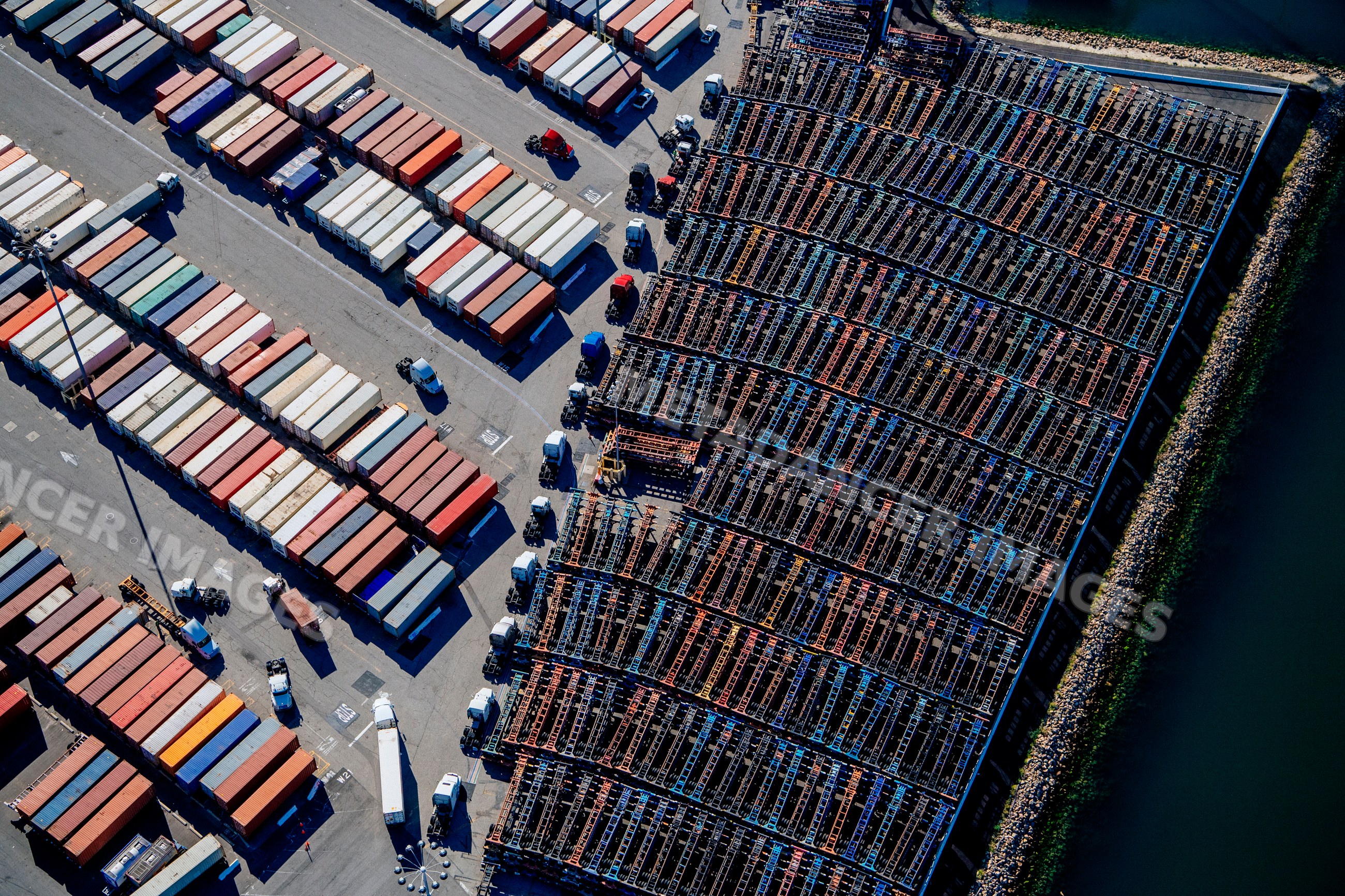 Aerial view of container trailers and shipping containers