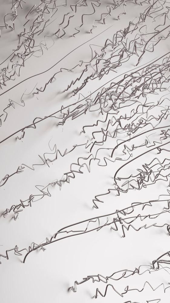 Abstract tangled silver wire pattern on white background