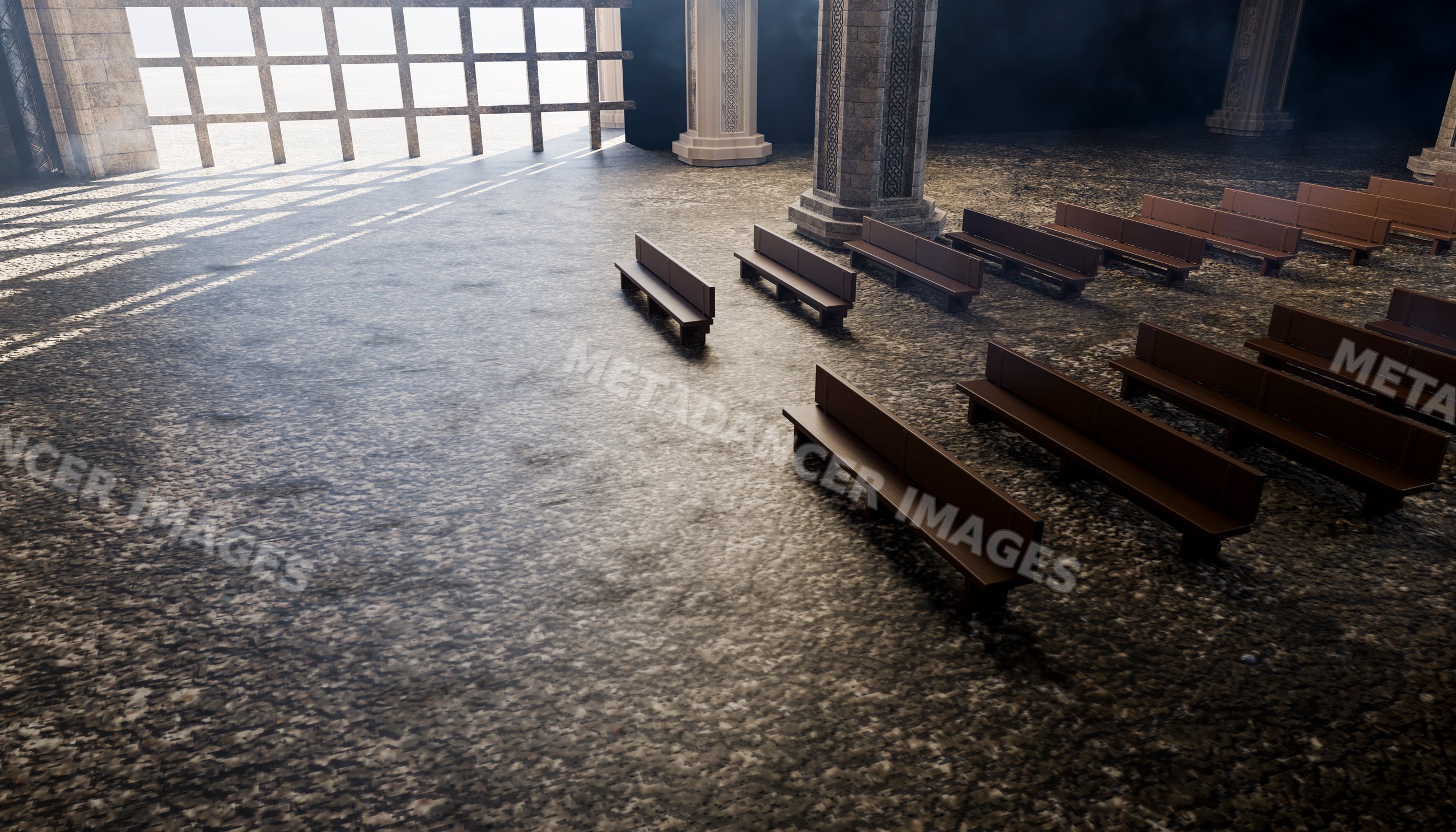 Empty church interior with wooden pews and stone pillars