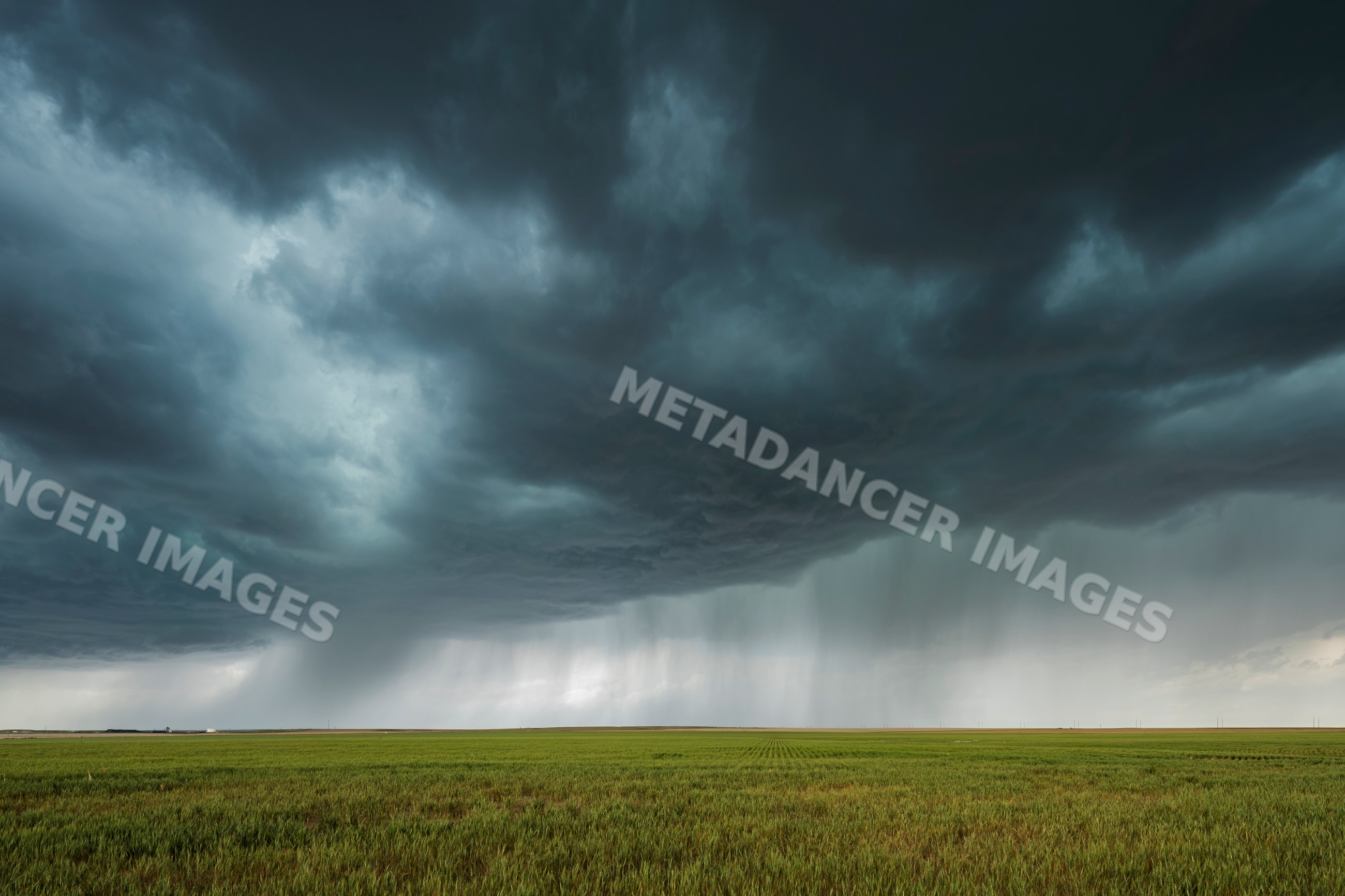 Storm clouds producing Rain Curtains over Great Plains field