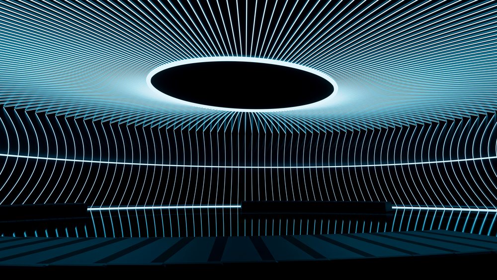 Circular neon light installation with abstract geometric patterns