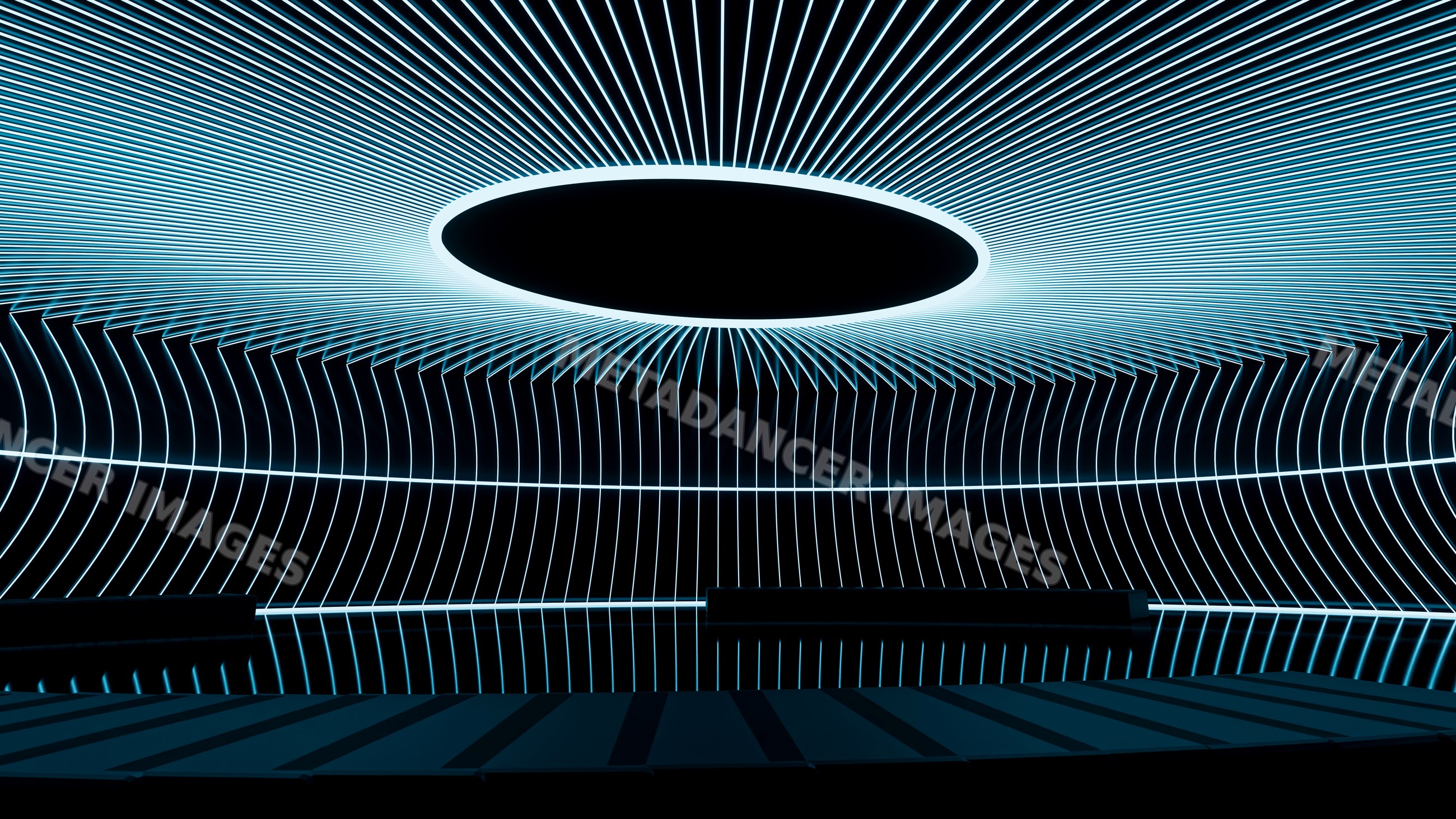 Circular neon light installation with abstract geometric patterns