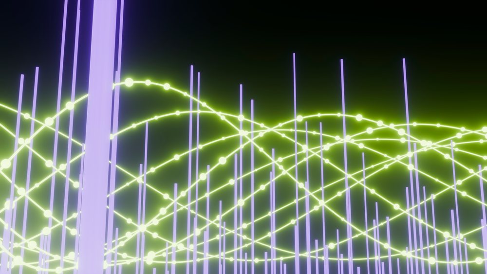 Digital abstract artwork with neon purple bars and glowing yellow