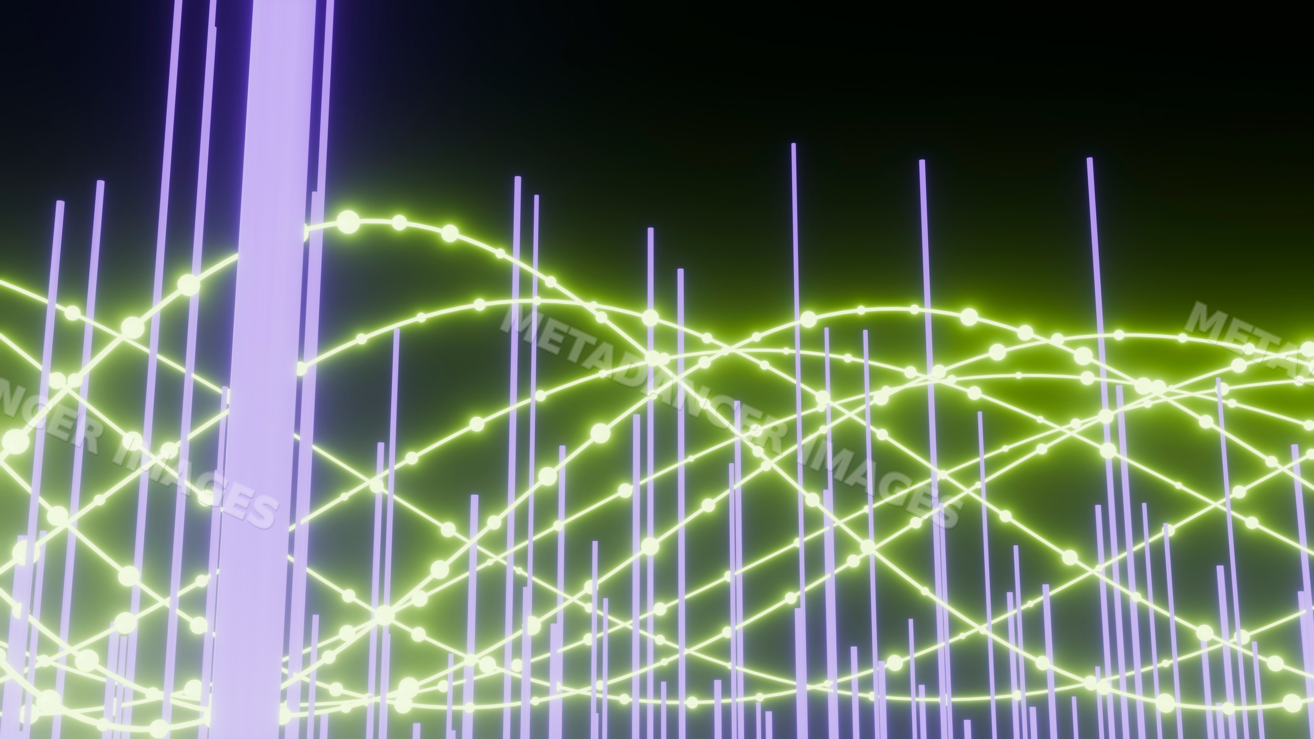 Digital abstract artwork with neon purple bars and glowing yellow