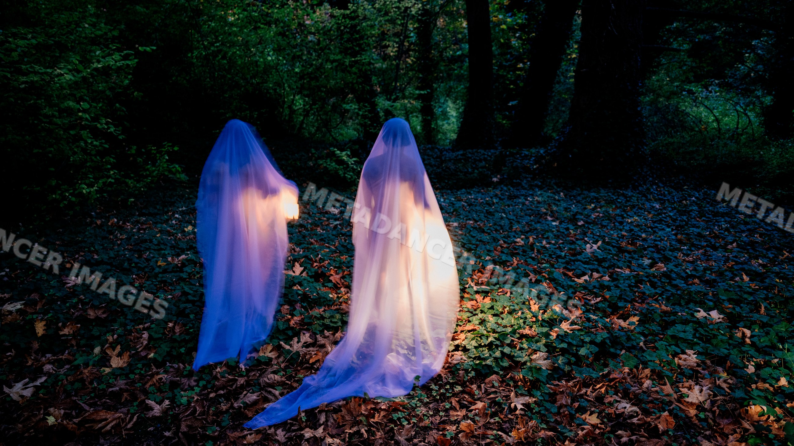 Two ghost figures walking in a dark forest at night
