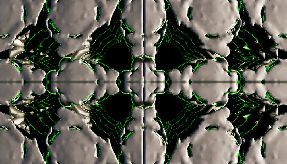 Abstract digital symmetrical pattern with green outlined shapes