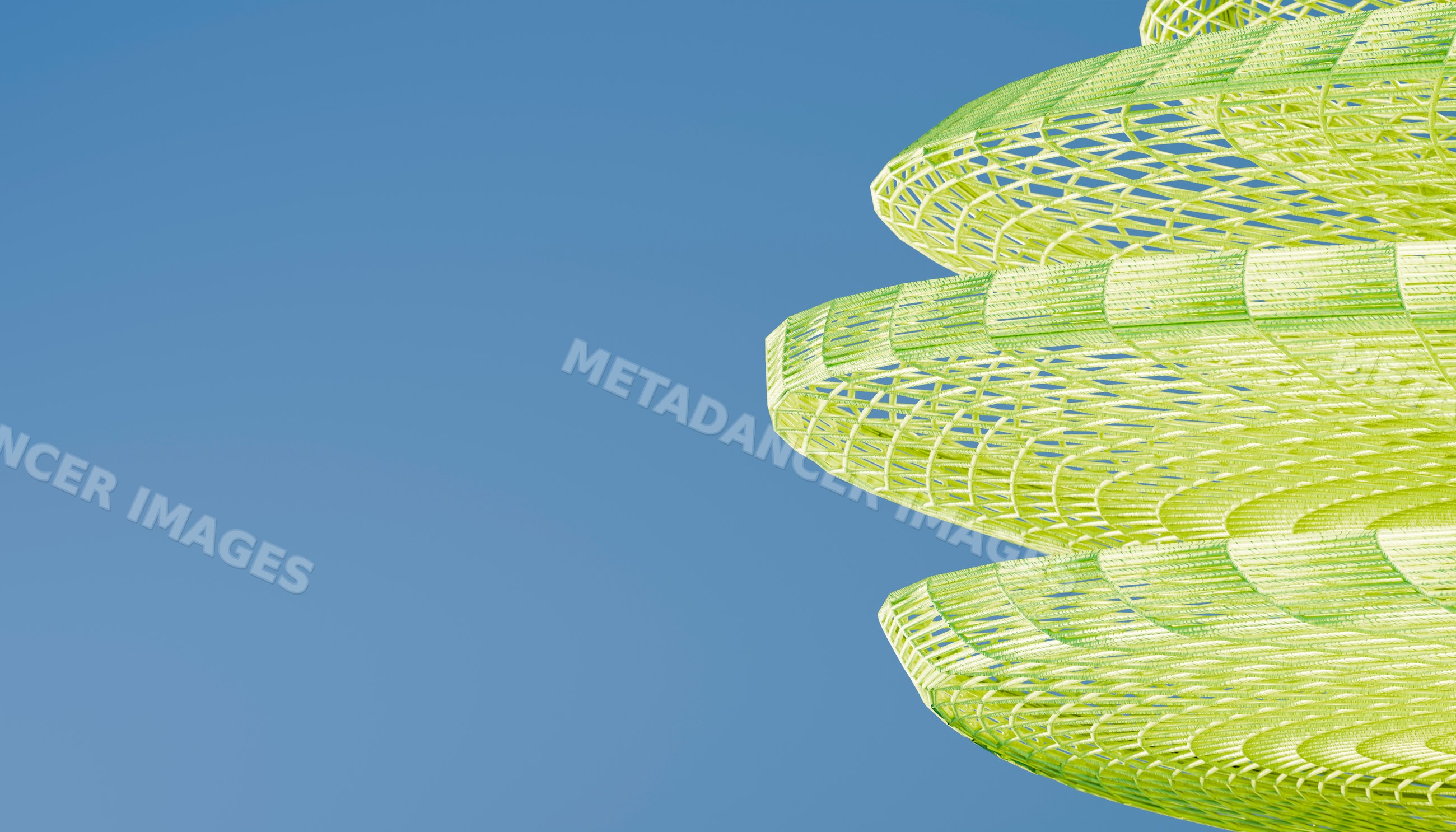 Green 3d architectural rendering of spiral structure with blue sky