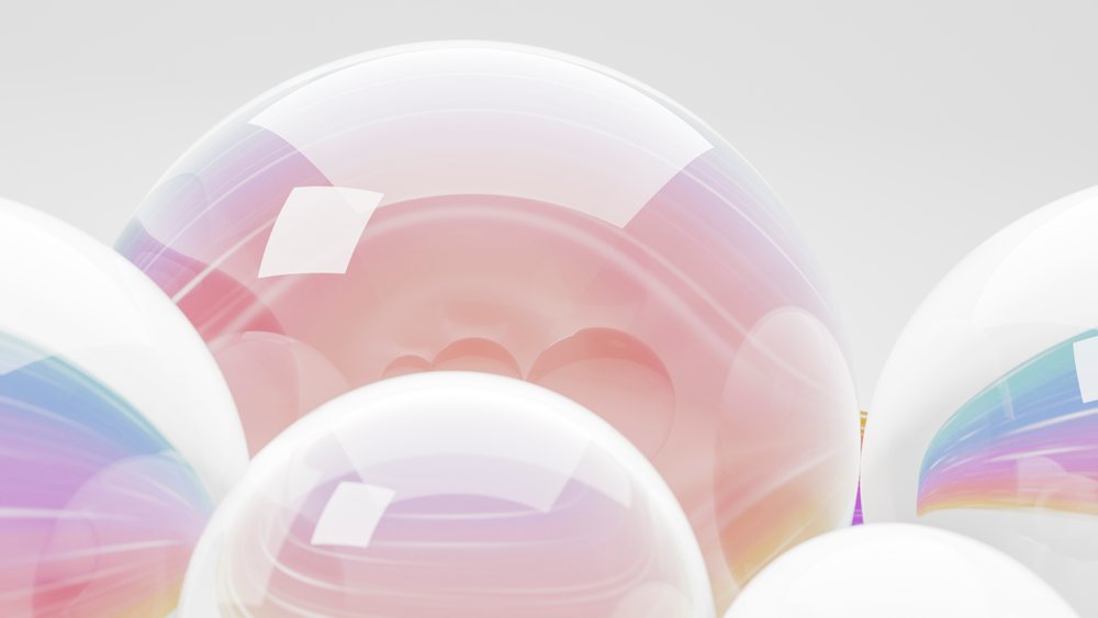 Cluster of transparent iridescent bubbles with colorful reflections