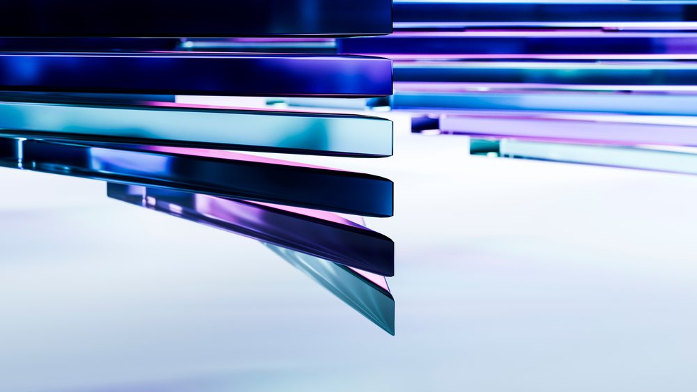 Abstract stacked glass layers with blue and purple reflections