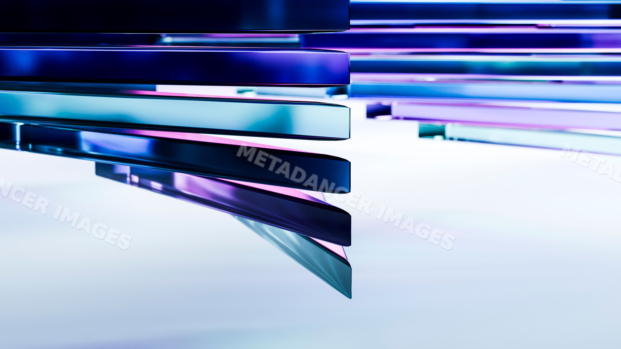 Abstract stacked glass layers with blue and purple reflections