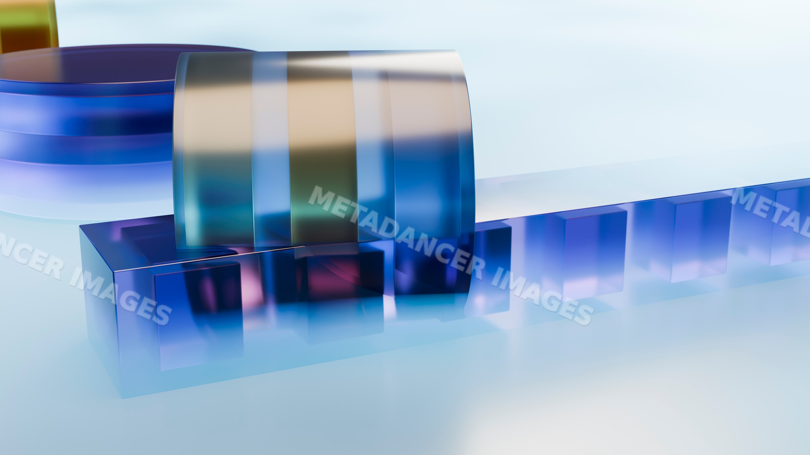 Blue glass hammer on glass block in minimalist studio setting