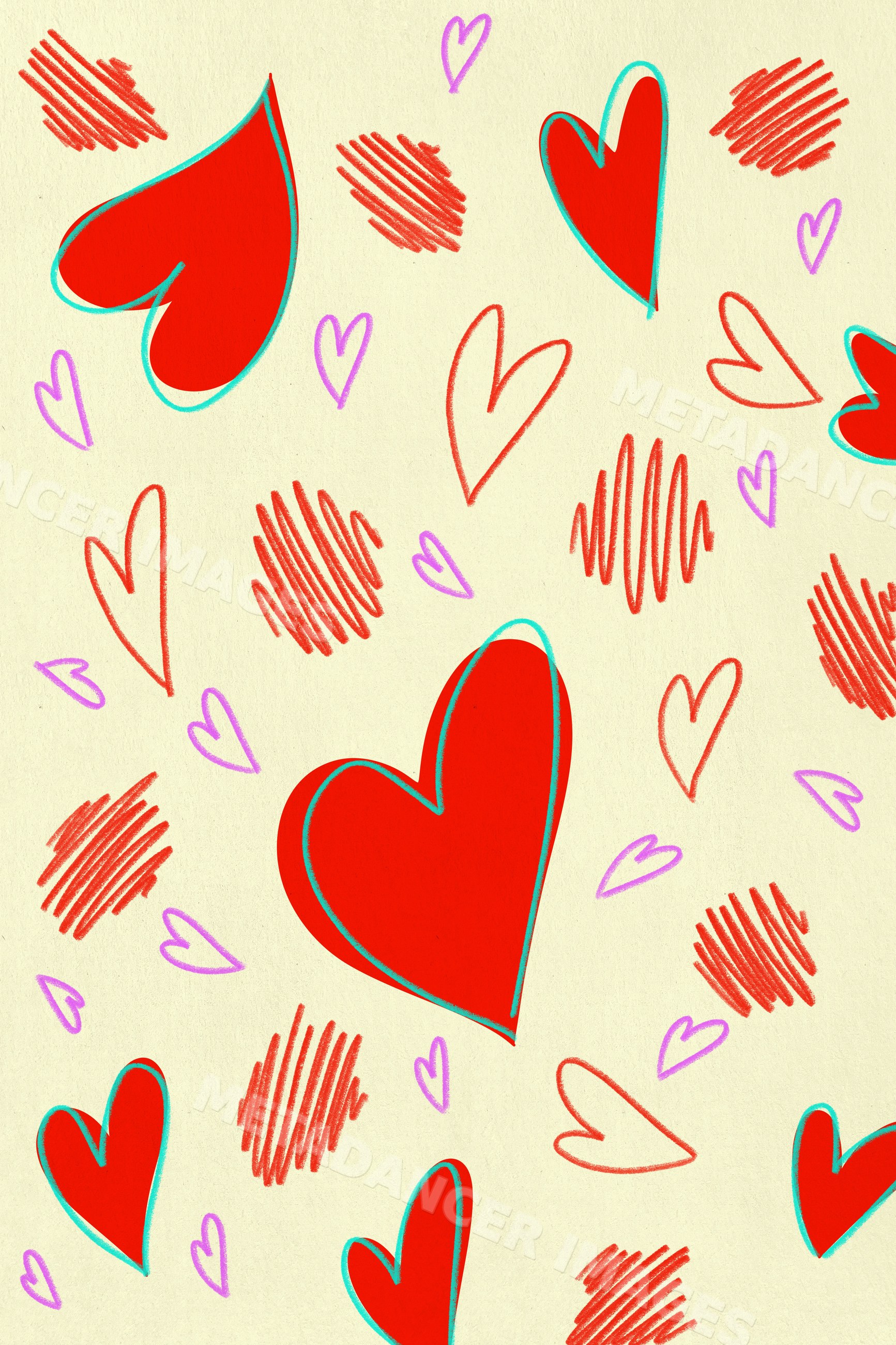 Pattern of red and purple hearts and scribbles in digital illustration