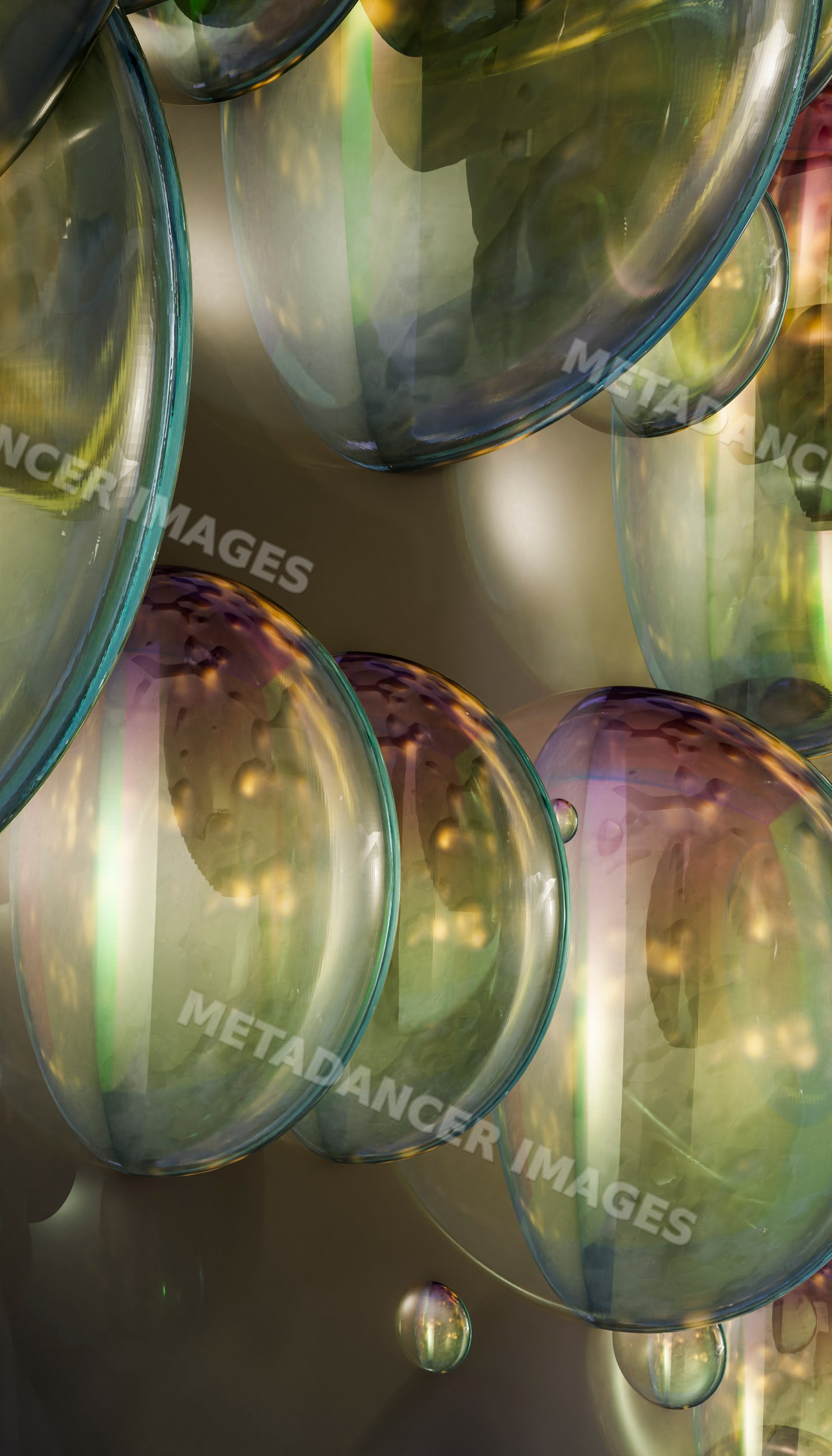 Glass bubbles with colorful reflections and abstract round shapes