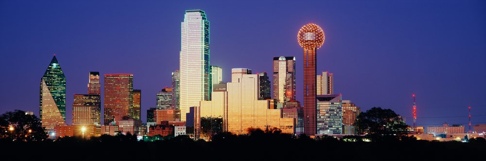 City skyline of dallas texas illuminated at sunset