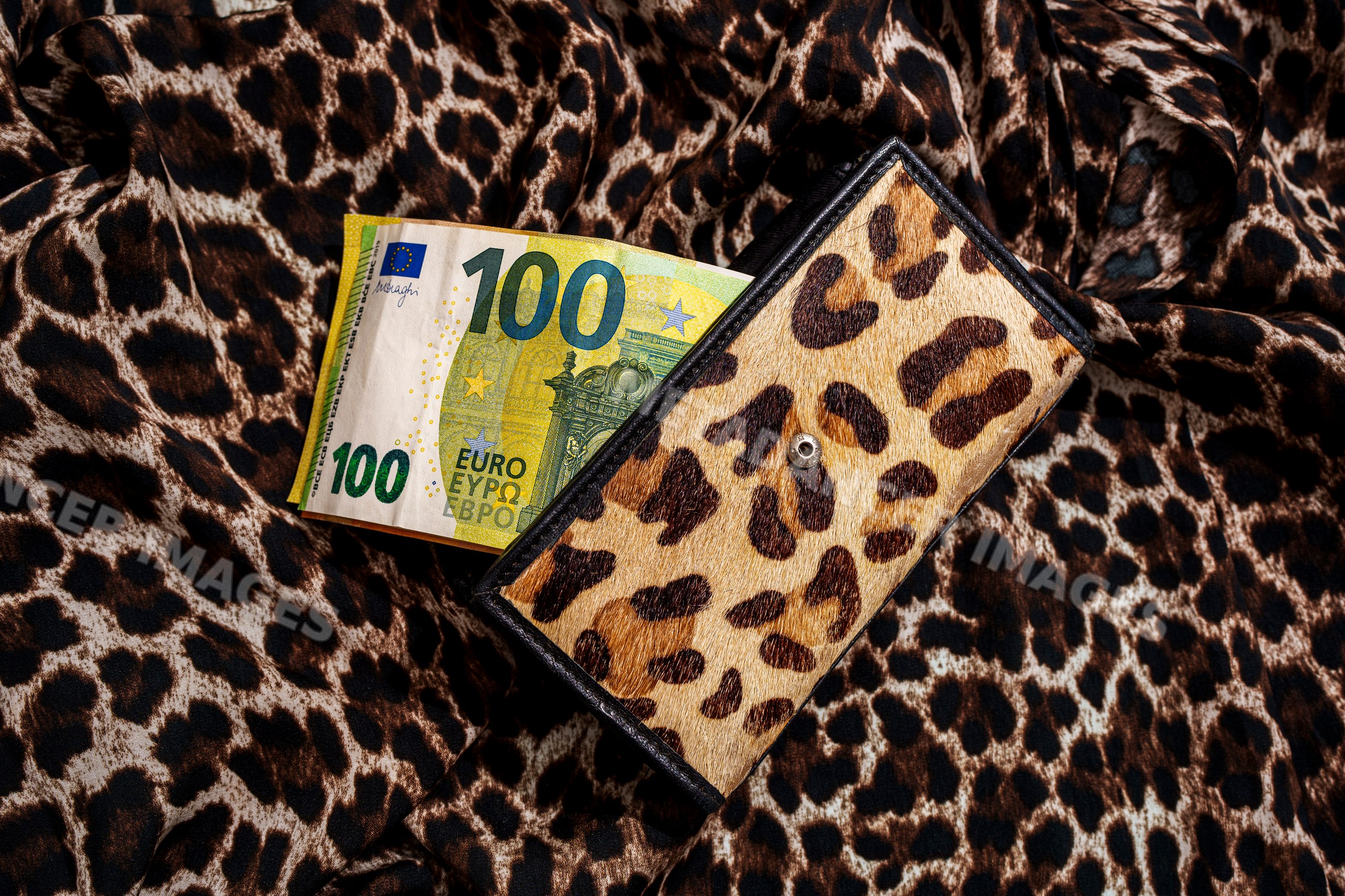 Leopard print wallet holding 100 euro banknote on leopard print fabric